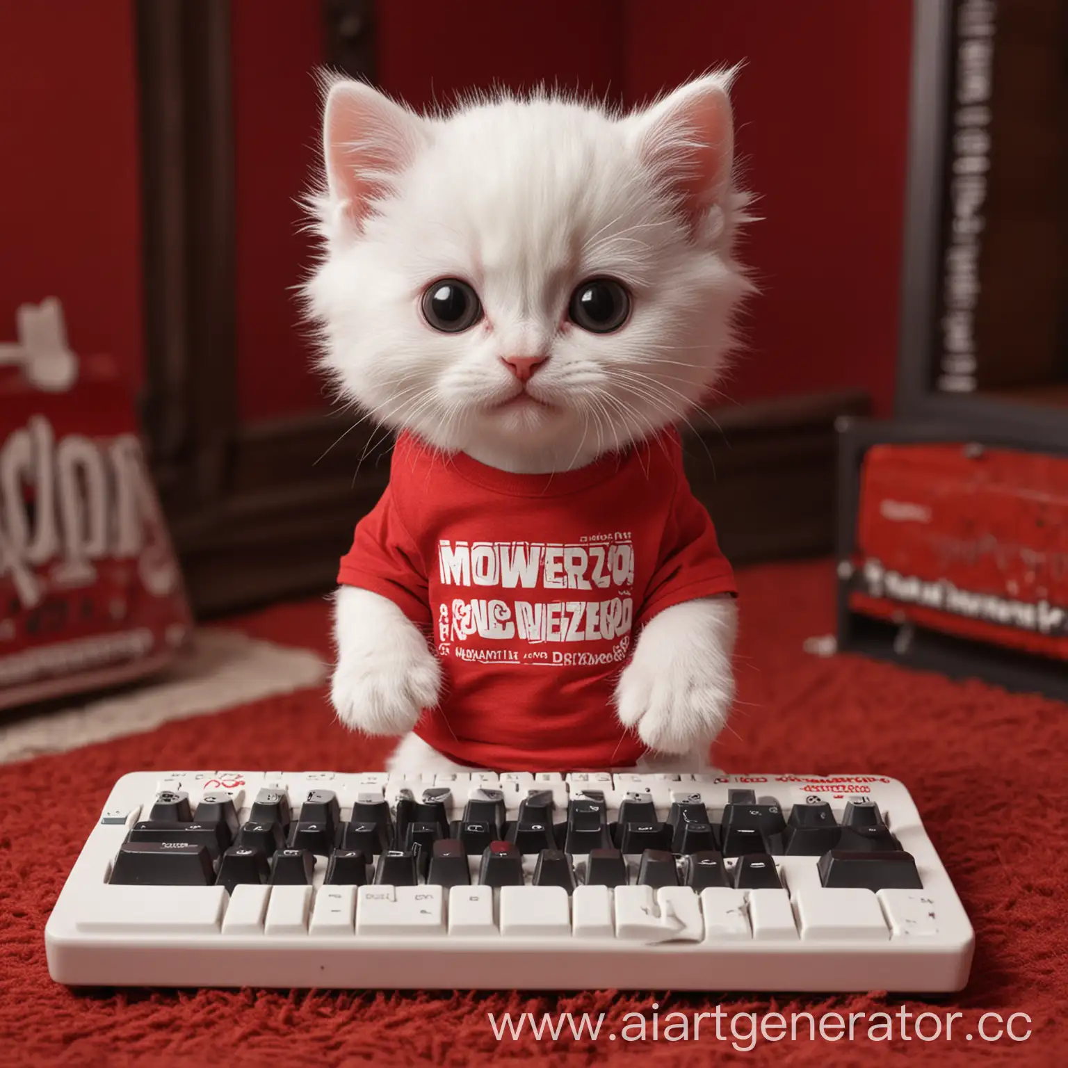 Adorable-White-Kitten-with-Custom-TShirt-and-Stylish-Red-Keyboard-in-Elegant-Crimson-Room