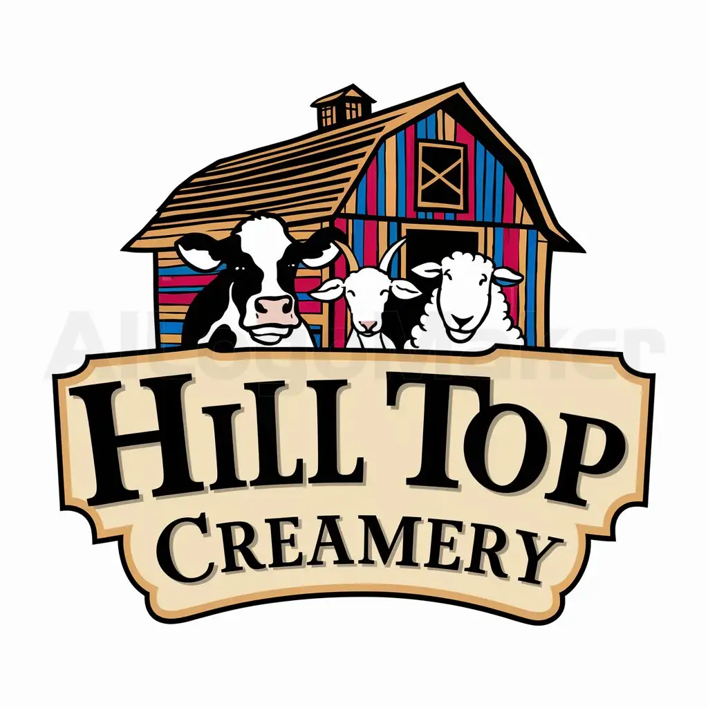 a logo design,with the text "Hill Top Creamery", main symbol:Amish, Cow, Goat, Sheep, Colorful,complex,be used in dairy industry,clear background