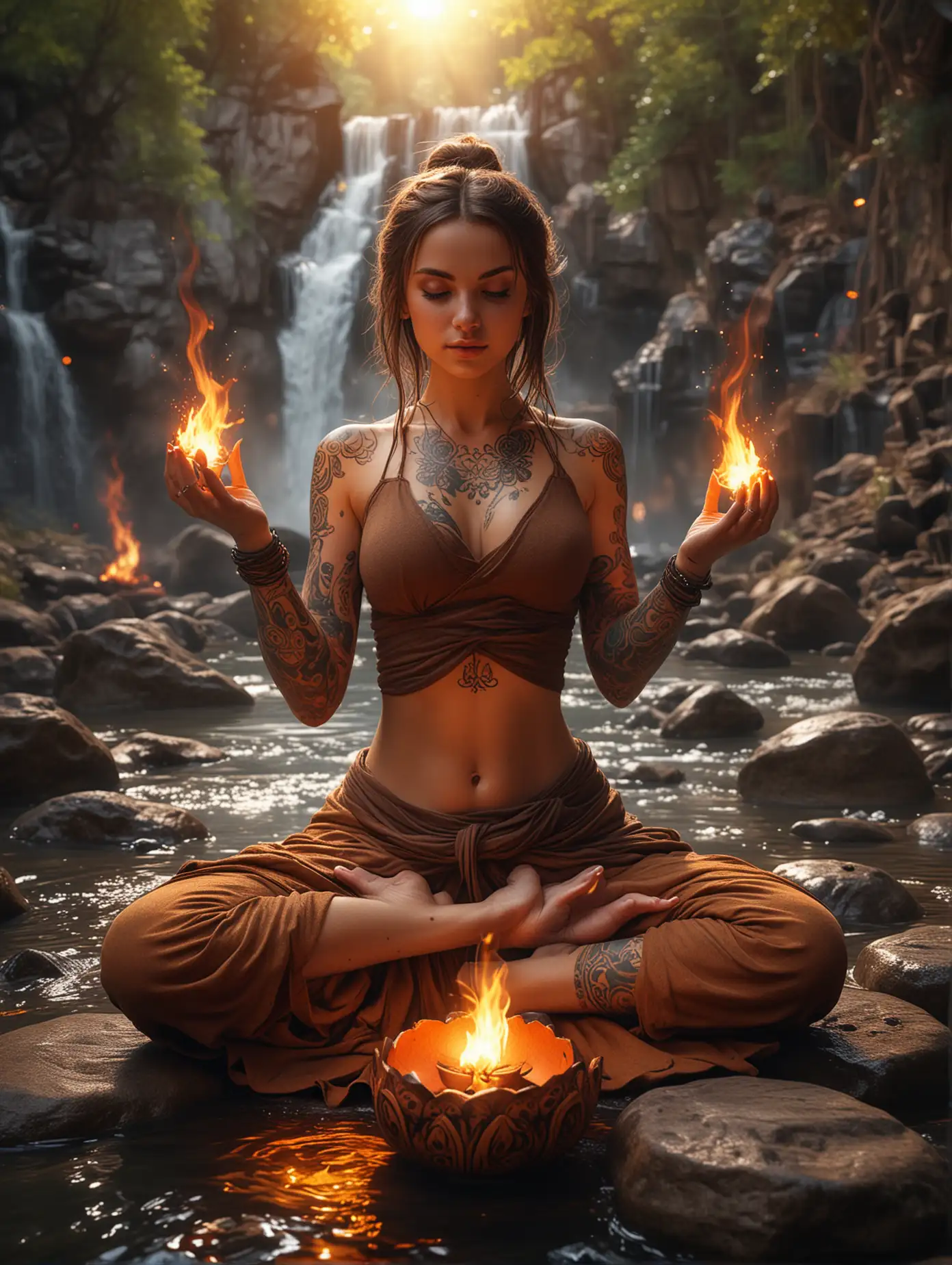 Fantasy-Monk-Cosplay-Meditation-with-Fireball-by-Waterfall
