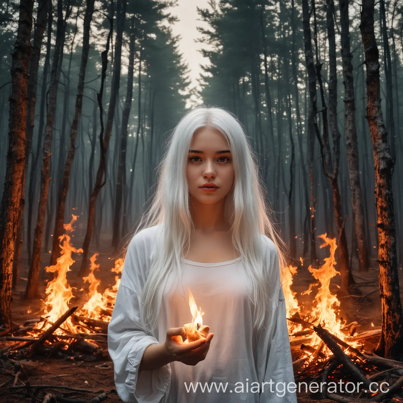 Горящий лес. Перед ним близко к нам стоит девушка с белыми волосами с зажигалкой в руках
