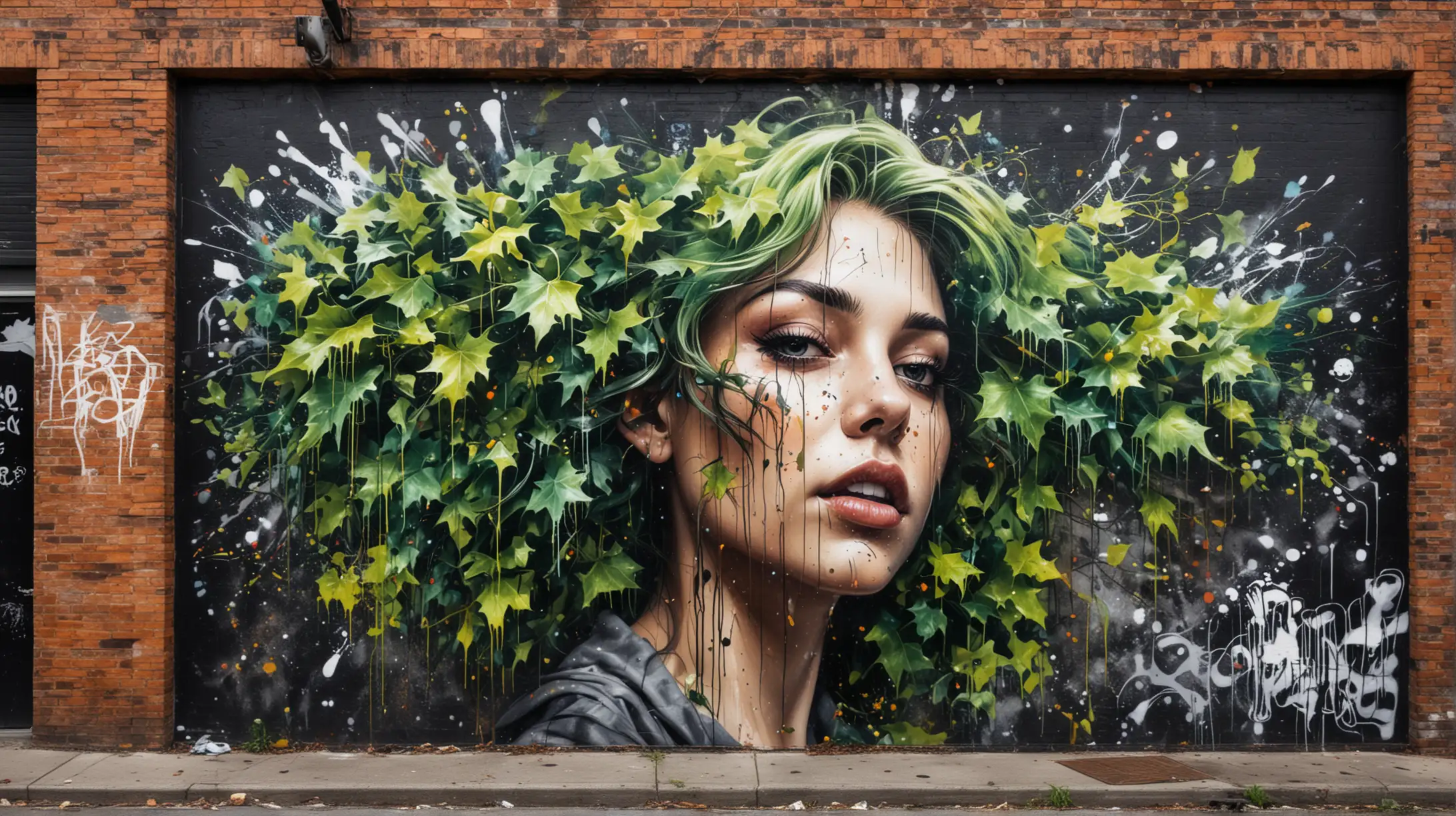 Graffiti-inspired mural of ivy, dissimulated in the architecture, spray paint technique, alcohol splatters, urban, vibrant, dynamic.