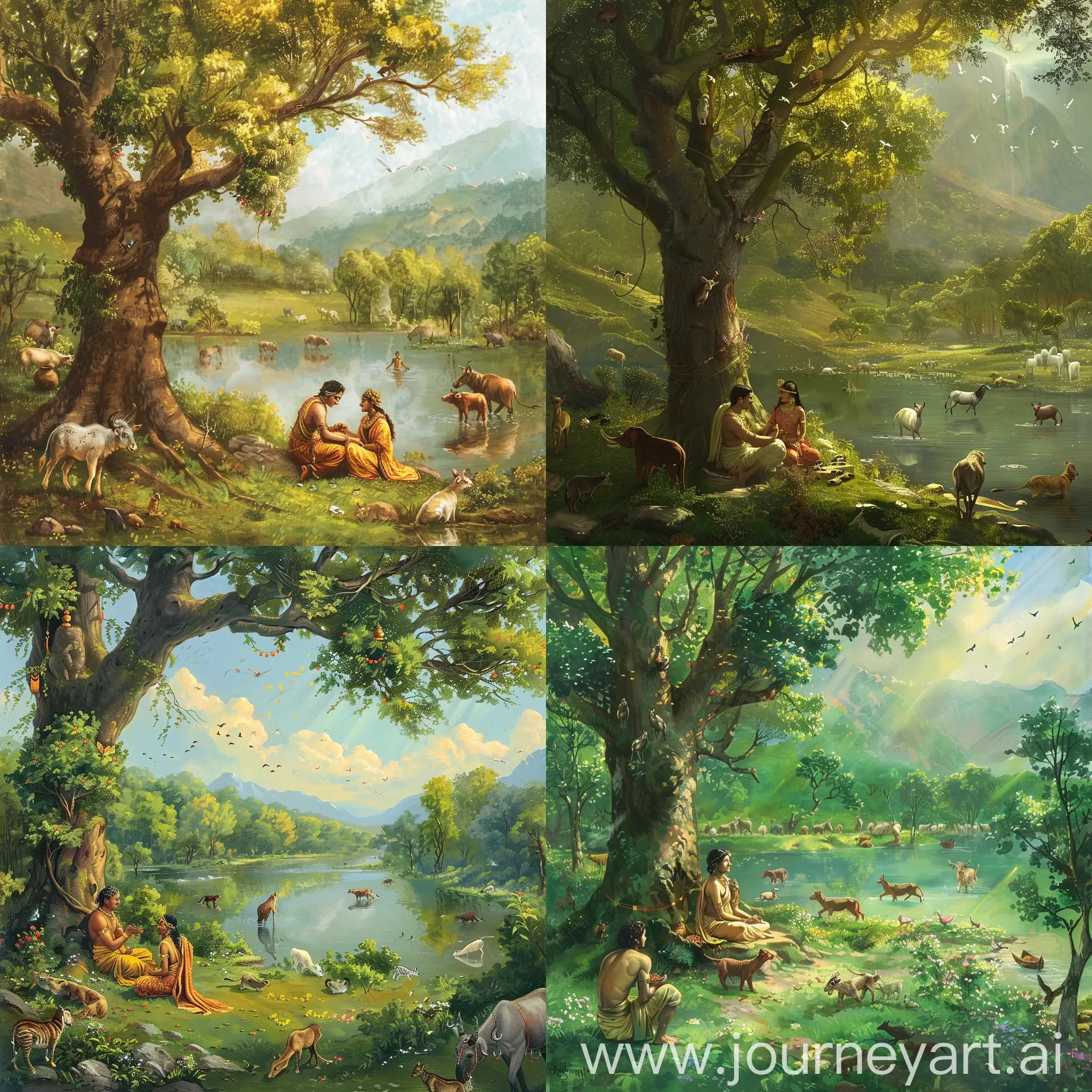 Ram and Sita seting under tree in forest beside the leck and animals roming around