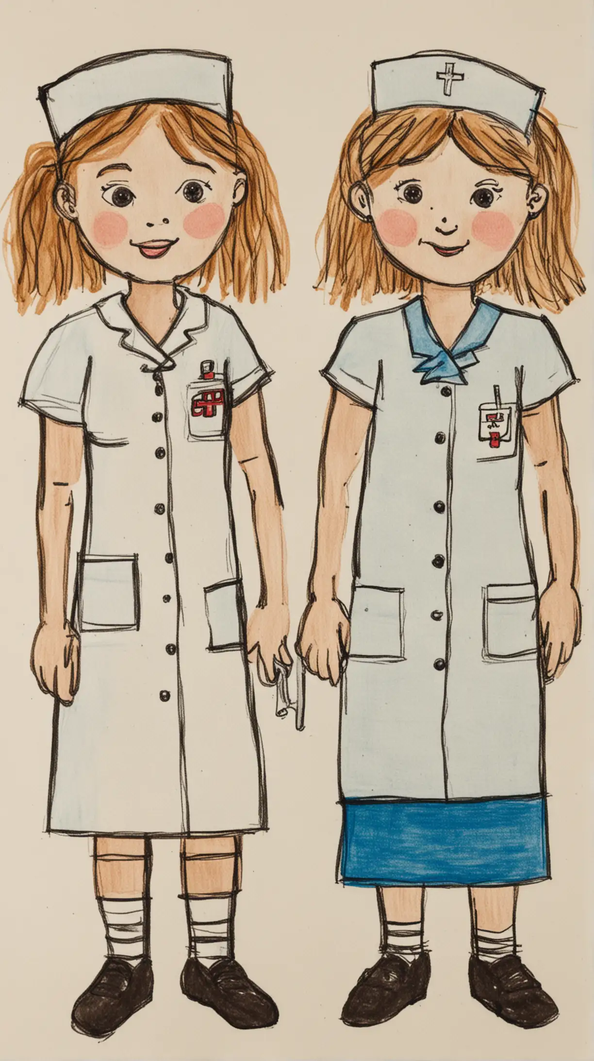 Childs Drawing of Nurses Playful Sketch with Cheerful Nurses in Action