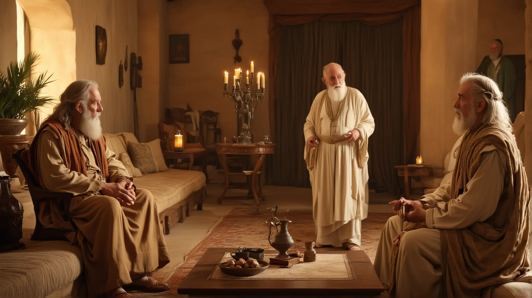 2 old men, talking to an attractive middle aged woman in a luxurious desert room. During the Biblical era of King David.