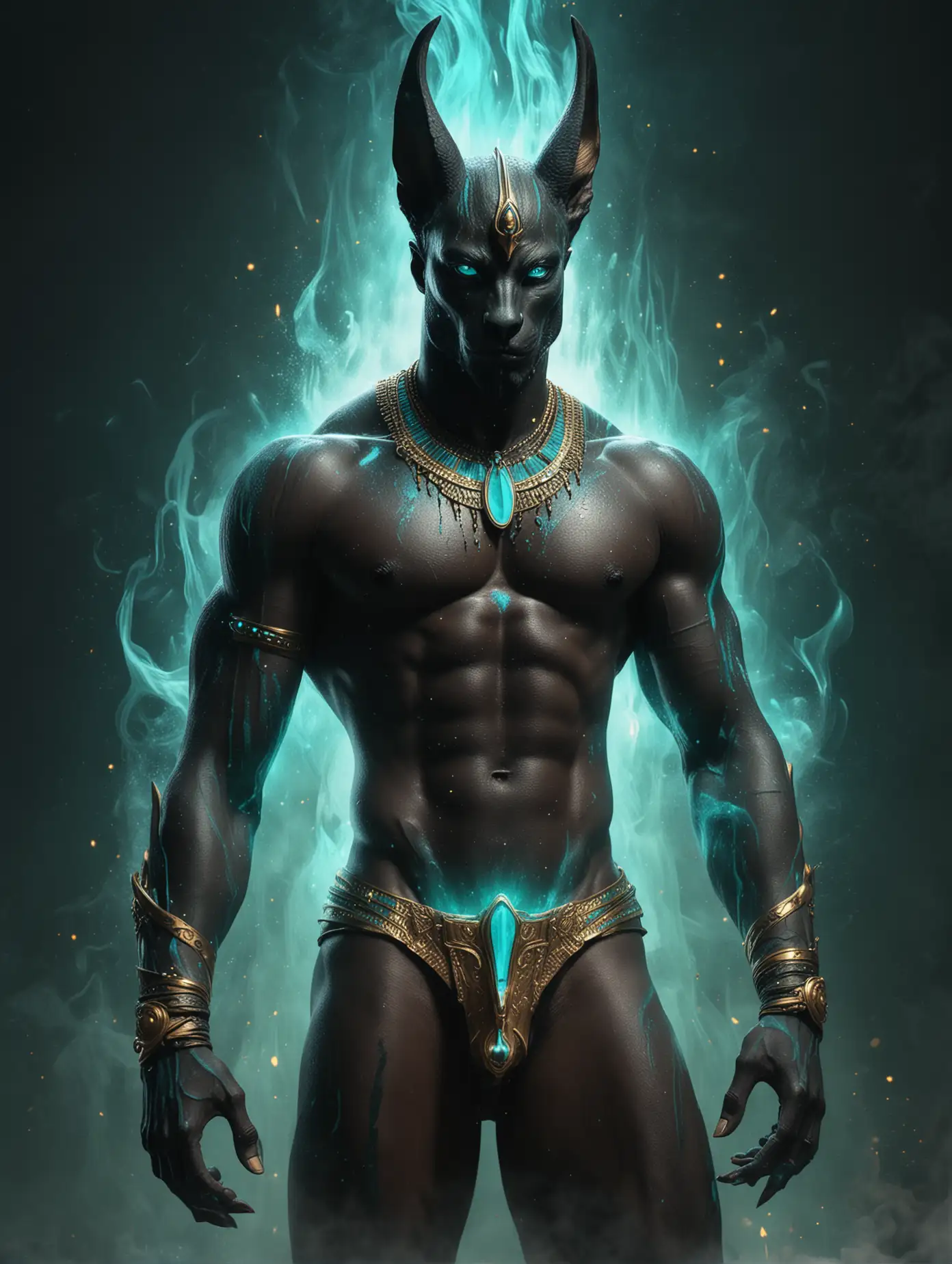 Sexy Shirtless Anubis Man with Turquoise Glow and Gold Sparks