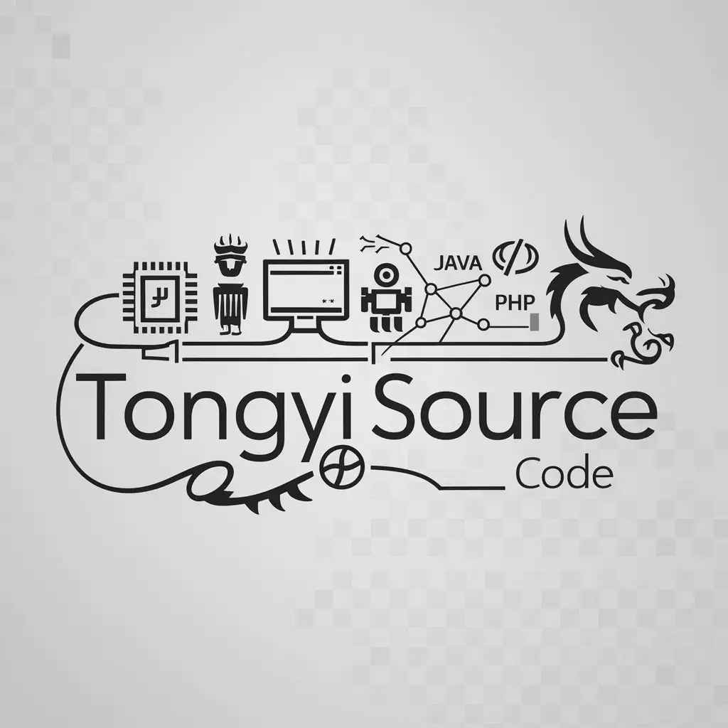 a logo design,with the text "Tongyi source code", main symbol:["chip","dragon","computer","robot","code","network","programming language","java","php"],Minimalistic,be used in Internet industry,clear background