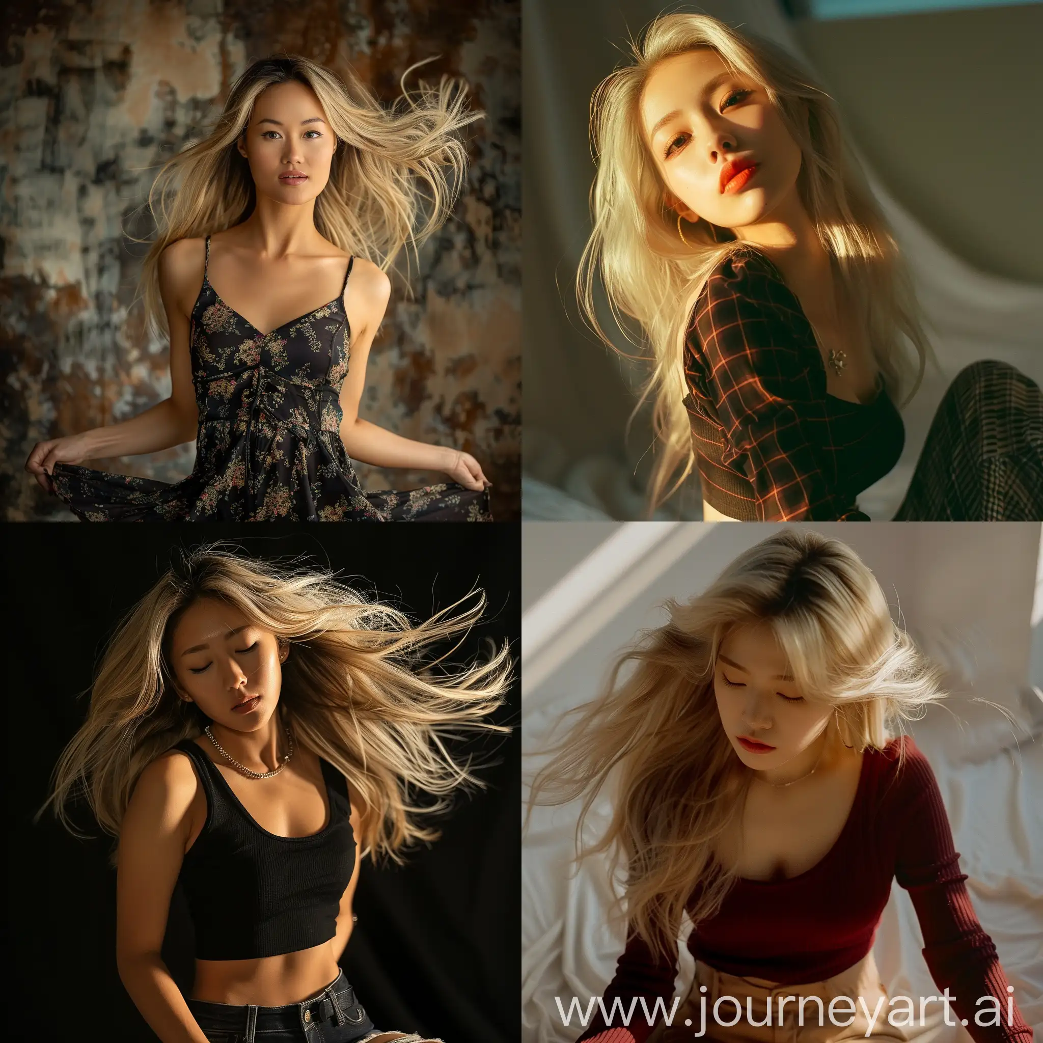 Woman with blonde hair, waist up, beautiful, asian, young adult, photo, dynamic beautiful lighting, dynamic pose, amazing composition --v 6