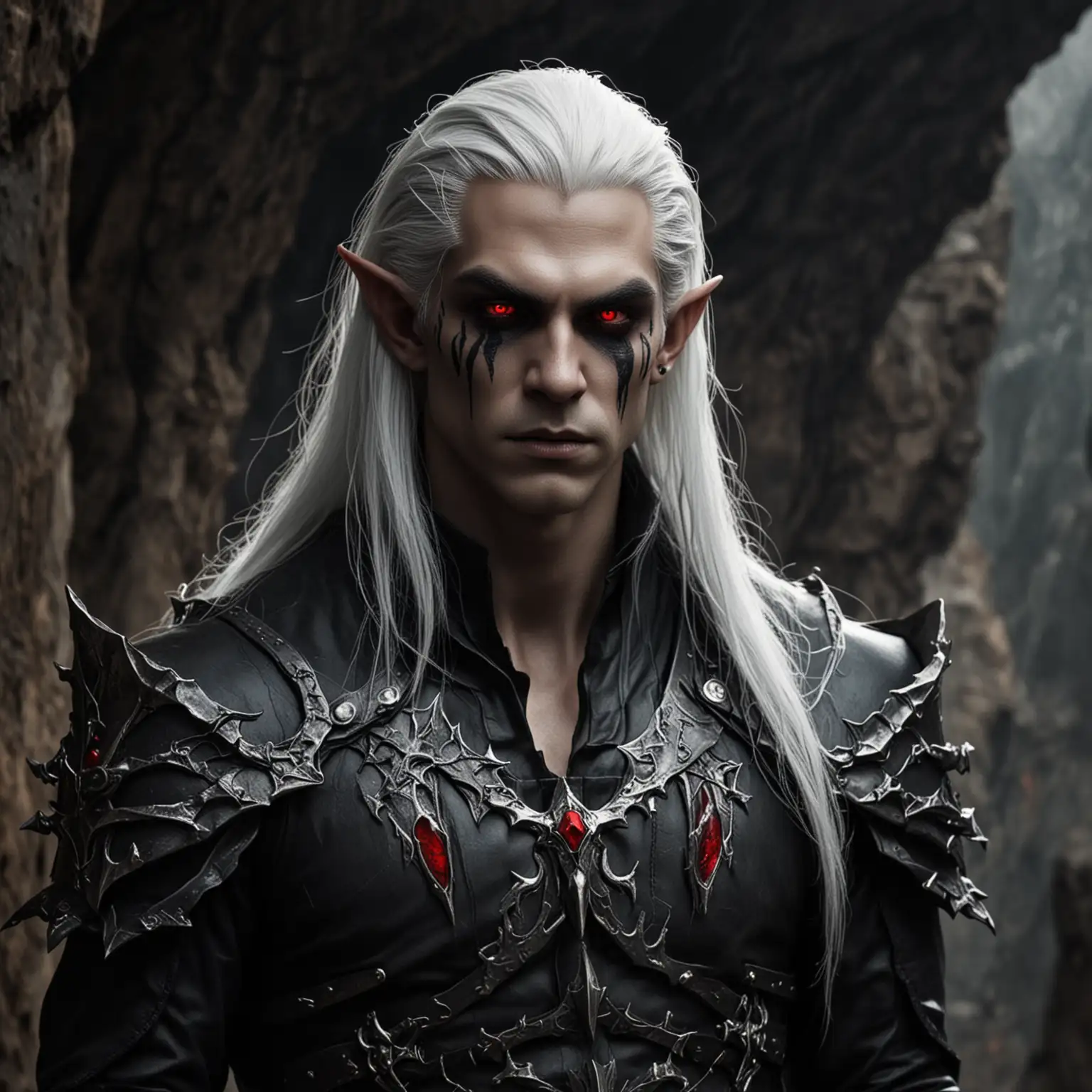 Fantasy dark male elf, jet black skin, red eyes, long whit hair, long pointed ears, evil, vampire, black and silver dark armor, dark canyon prison
