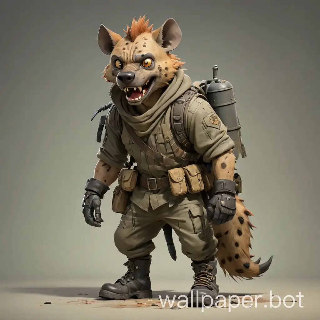 A evil hyena in cartoon style, full body, soldier grimy clothes with boots and helmet, with clear background