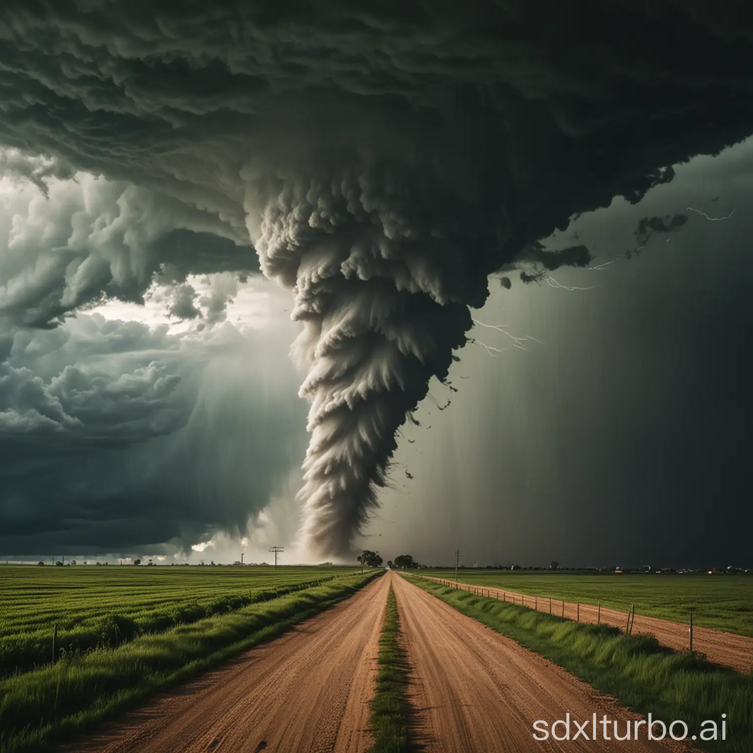 Dramatic shot of a powerful tornado tearing across a flat, rural landscape.