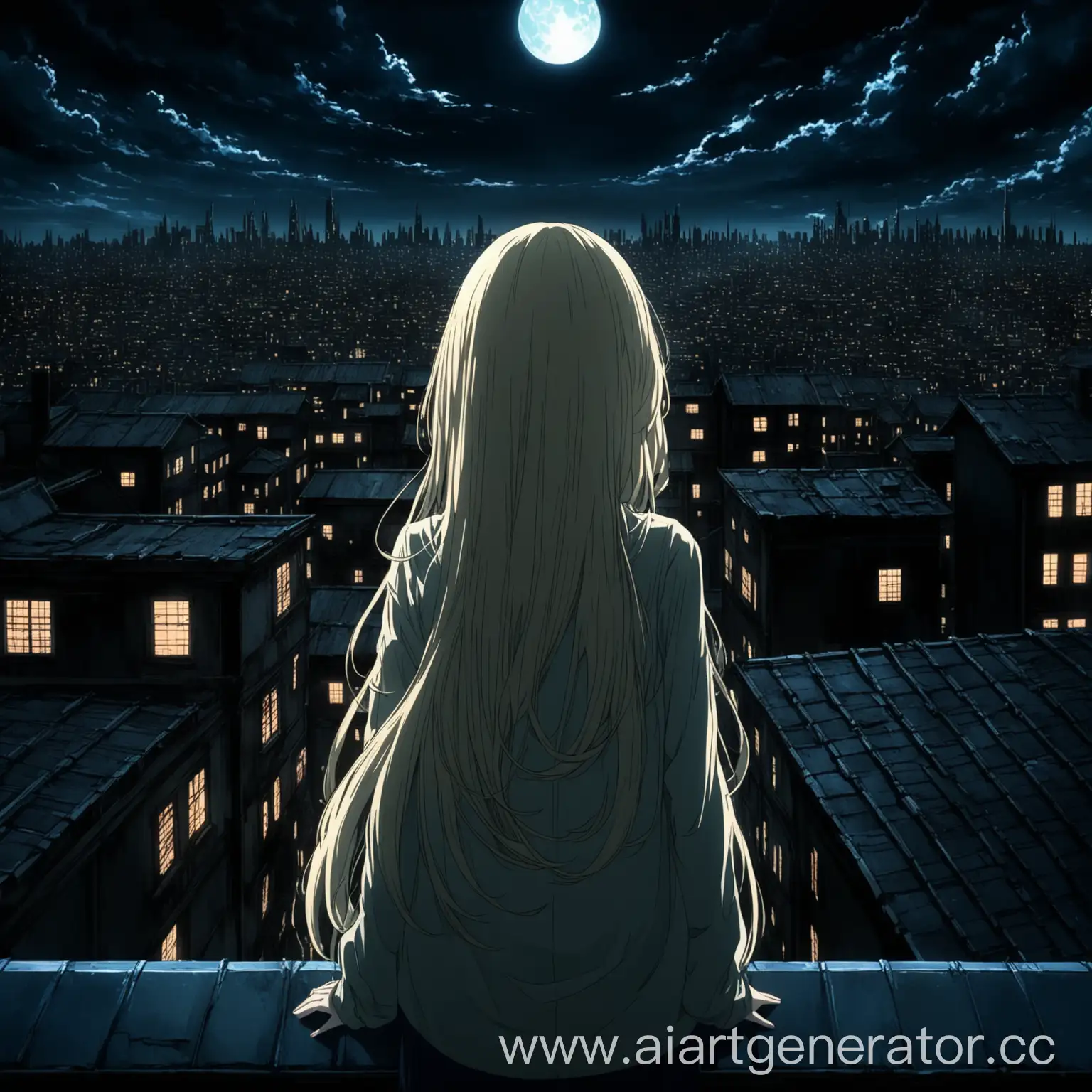 аниме девушка с длинными светлыми волосами смотрит со спины с крыши дома на тёмный город