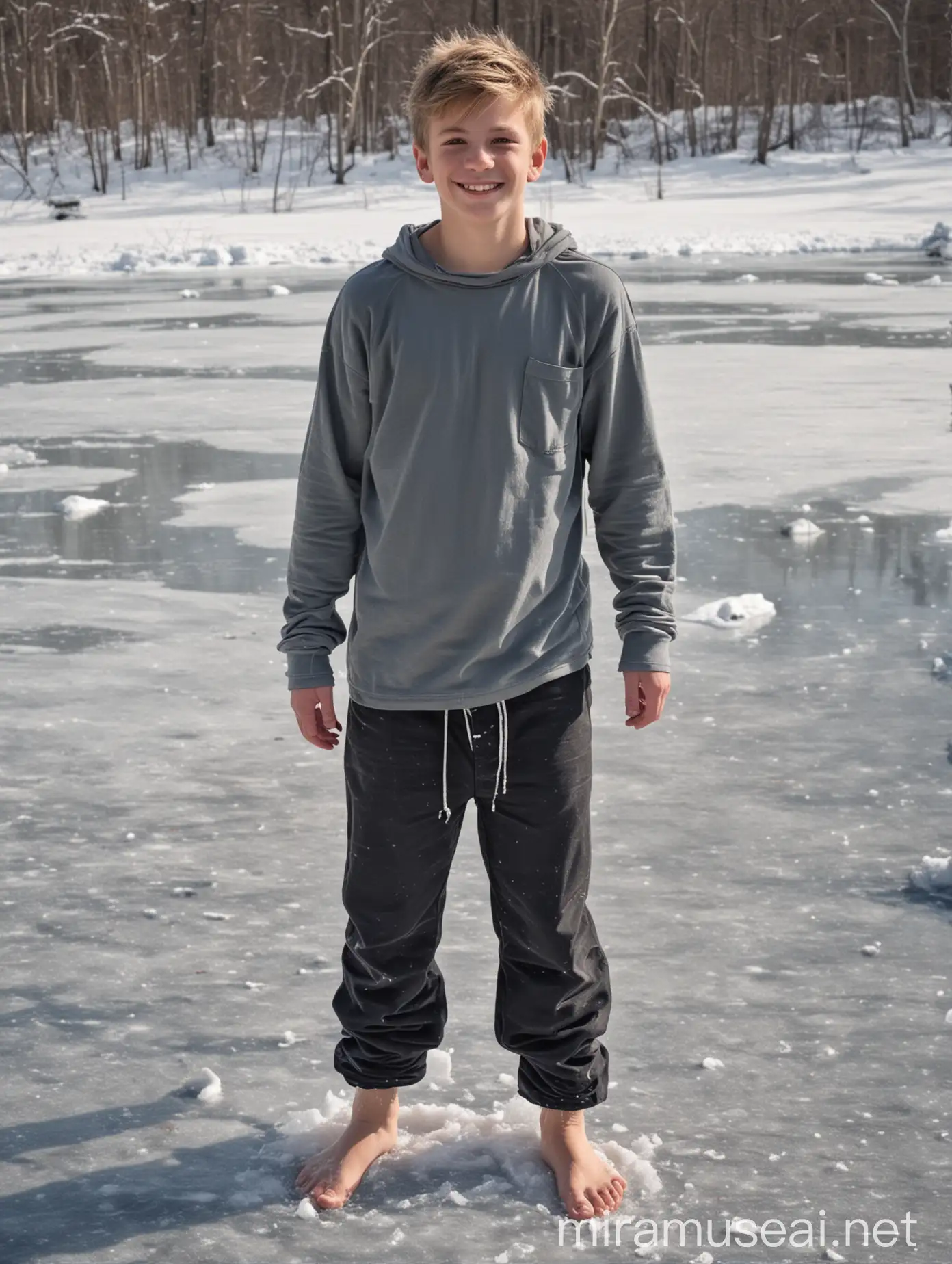 Smiling Barefoot Teen Boy in Snowy Forest Landscape