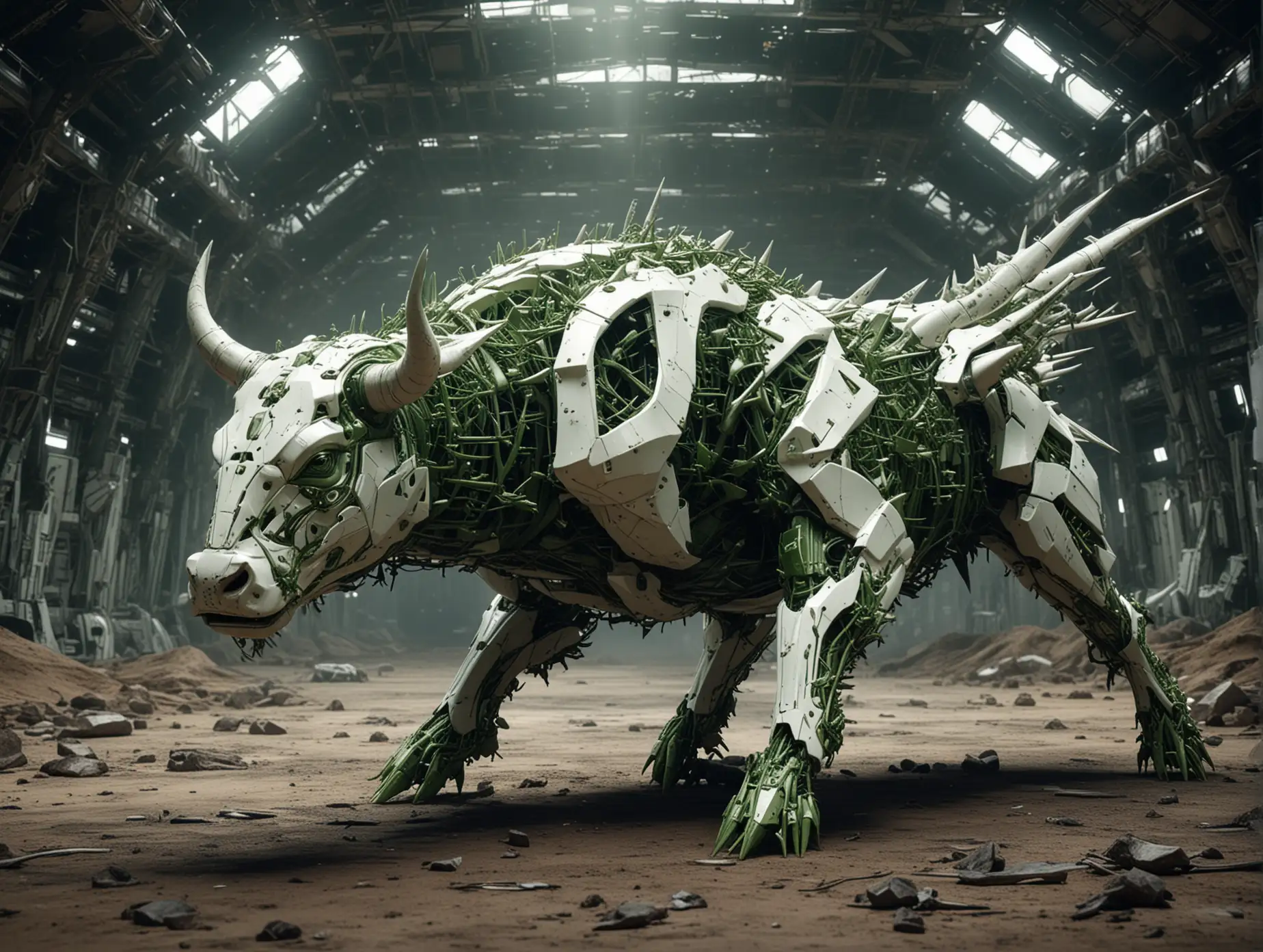 A futuristic green-white bull shaped-spaceship with many thorns on it.
the background is in the empty space