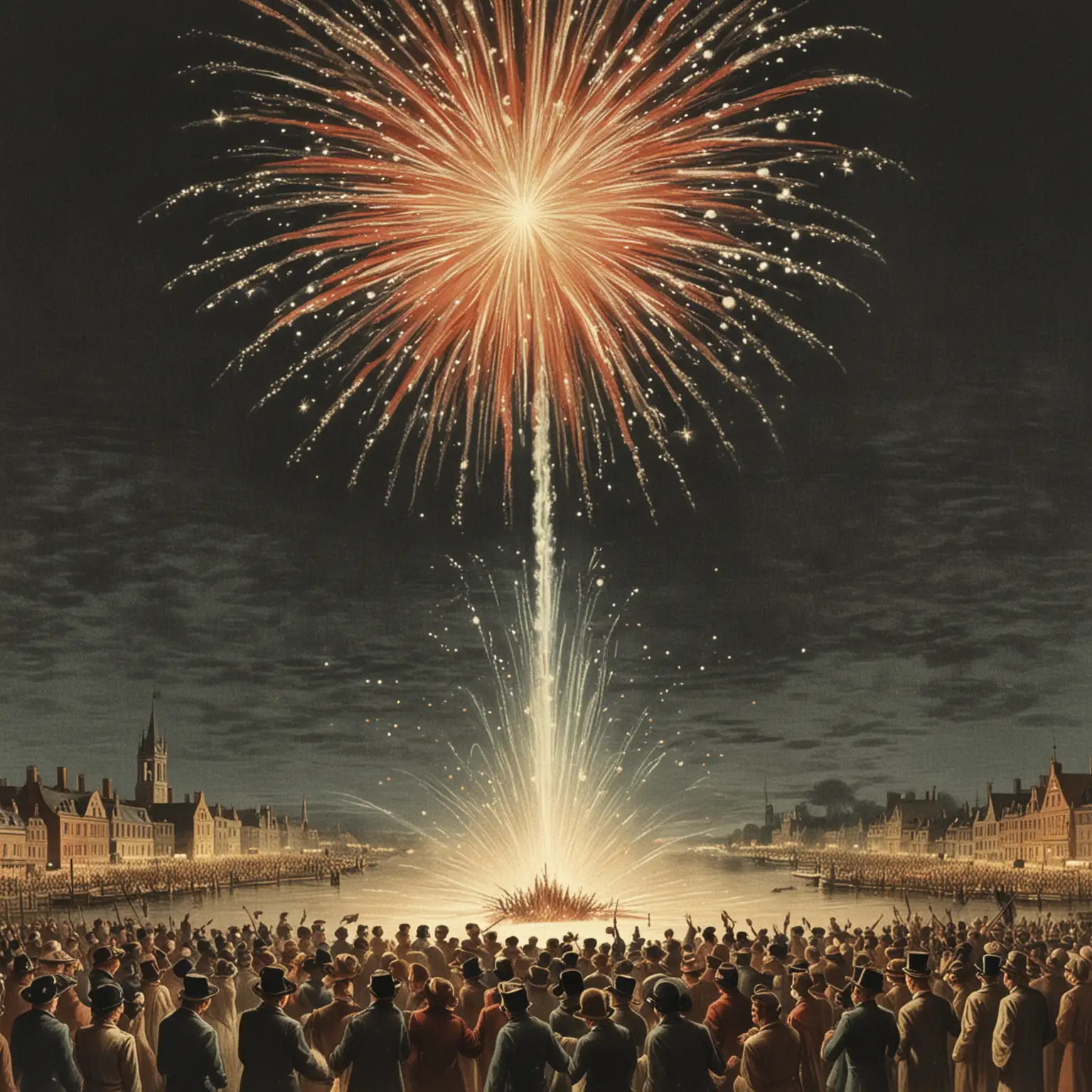 Vintage Fireworks Illustration in Night Sky Celebration