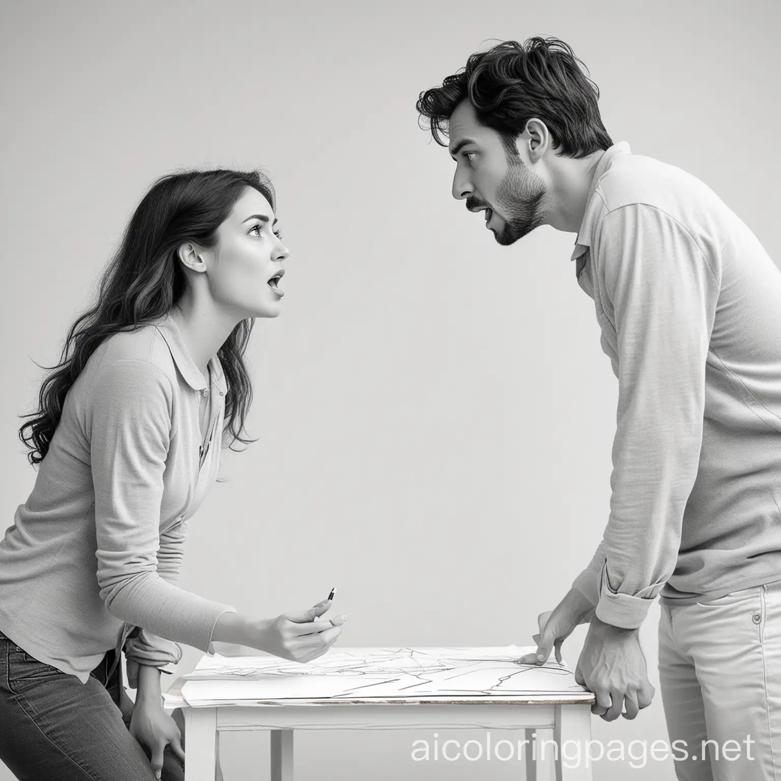 a man blaming a woman in an argument, Coloring Page, black and white, line art, white background, Simplicity, Ample White Space