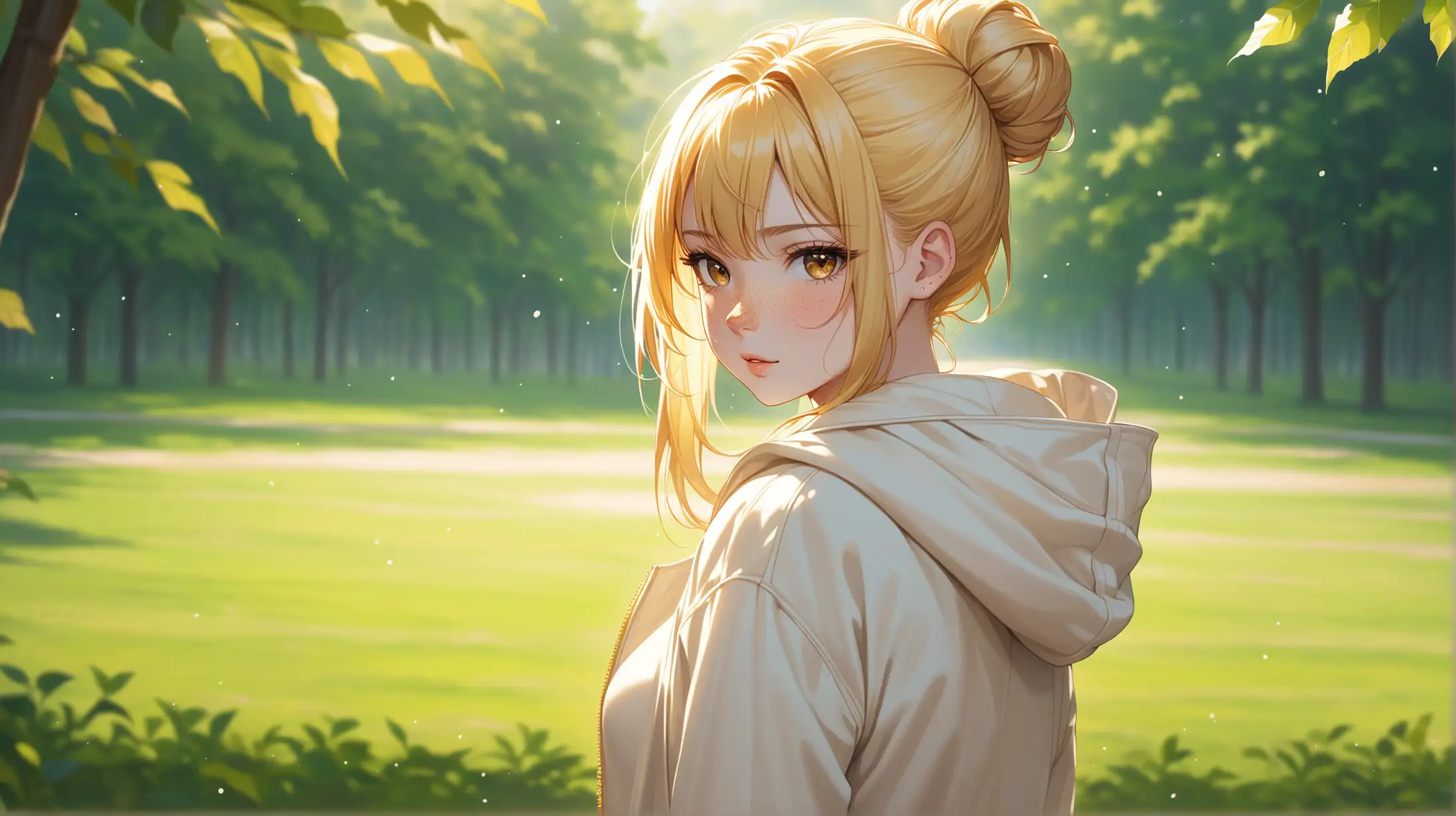 Draw a woman, long blonde hair in a bun, gold eyes, freckles, perky figure, hooded jacket, pleated skirt, high quality, long shot, natural lighting, outdoors, standing, seductive pose, loving gaze toward the viewer