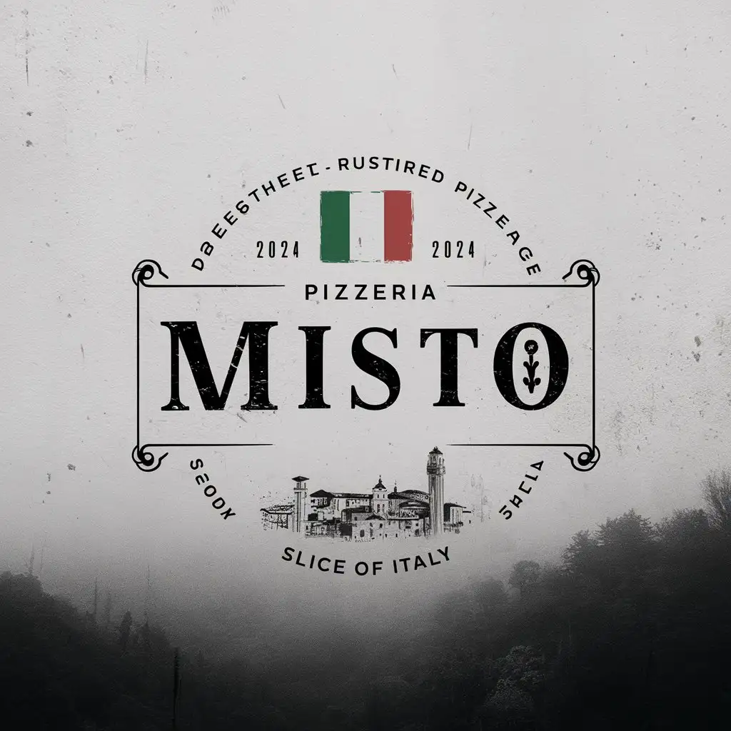 Misto Pizzeria, Minimalist, Emblem, Decorated , Italian colors , White Background, EST 2024 , Italy flag , Antique, Slogan Slice of Italy , Sketched Italian City, Ornament, Rustic, moody foggy atmosphere