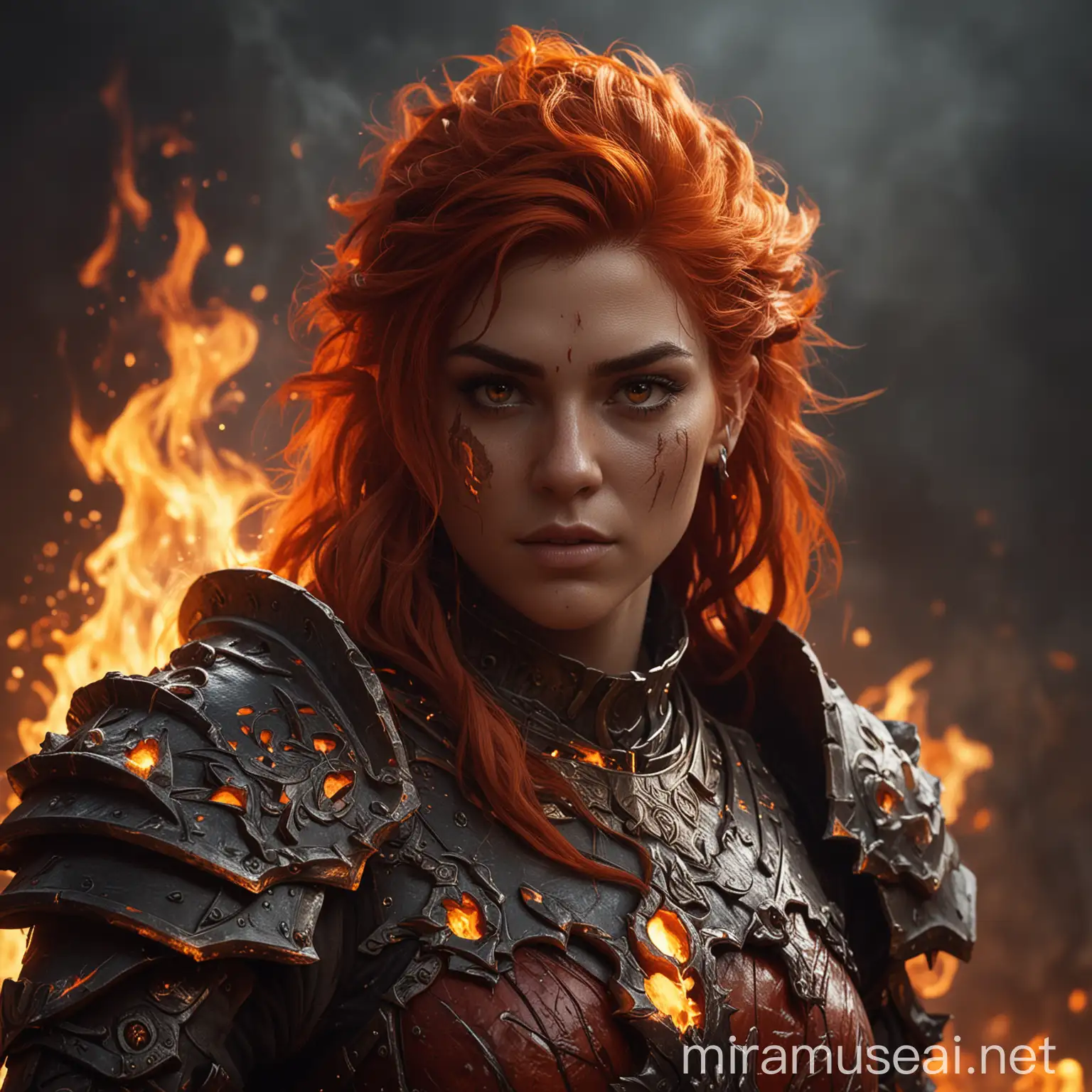 Cinematic Portrait Fire Genasi with Fiery Hair and Fire Elemental