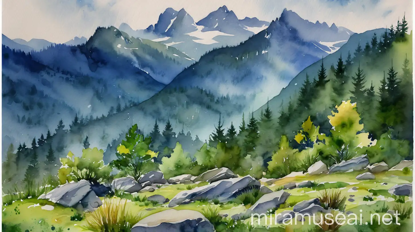Detailed Aquarelle Landscape with Wildlife Grass Mountain and Forest