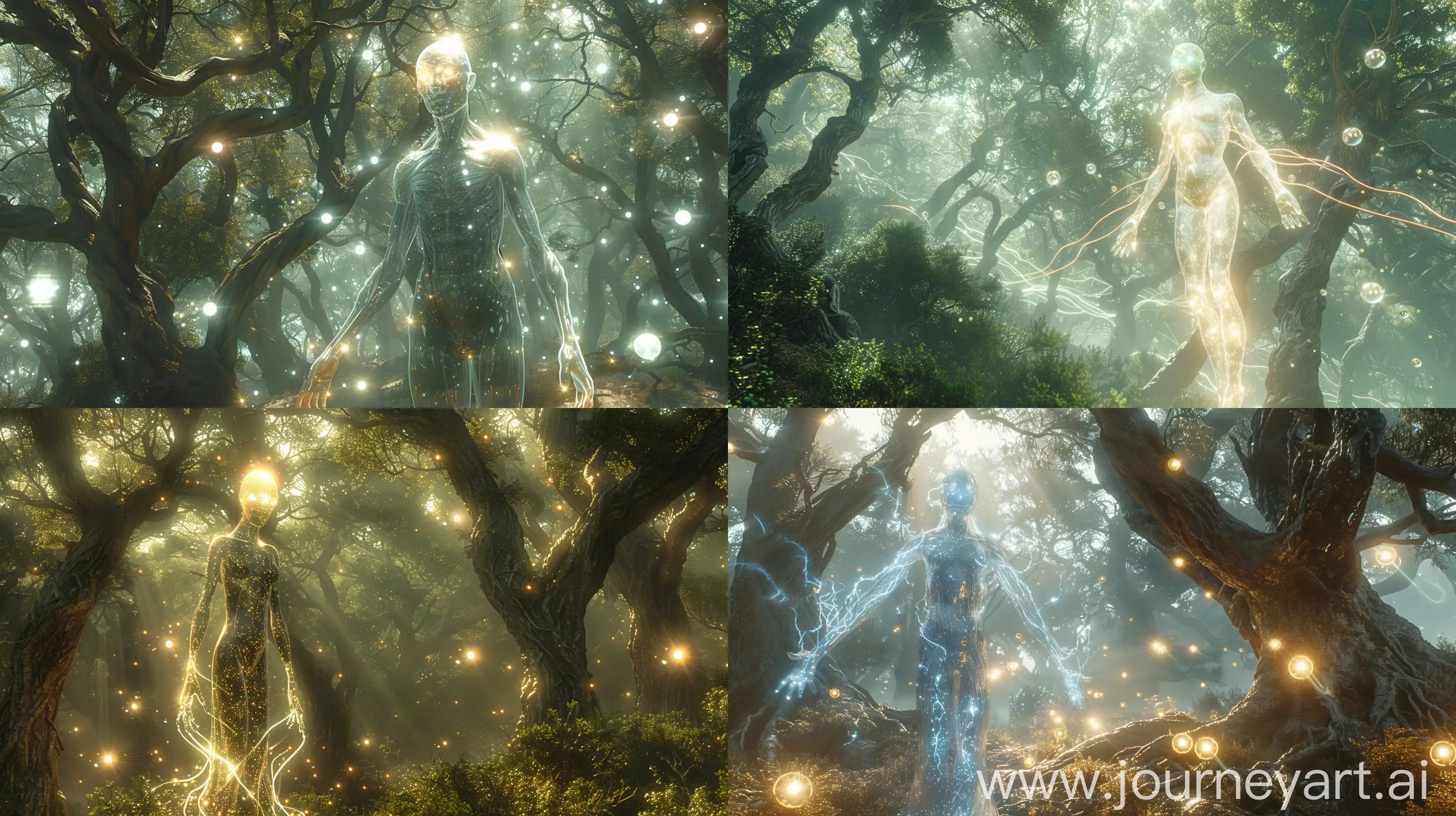 Ethereal forest glade, misty atmosphere, life-sized androgynous humanoid figure with translucent mercury skin and iridescent glowing eyes, elongated limbs defying gravity, floating energy orbs leaving bioluminescent trails, ancient gnarled trees, mesmerizing and unnerving composition, 8K resolution, hyper-realistic render, golden ratio, extreme detail, volumetric lighting --ar 16:9 --stylize 1000 --q 2 --c 20 --s 5000 

 