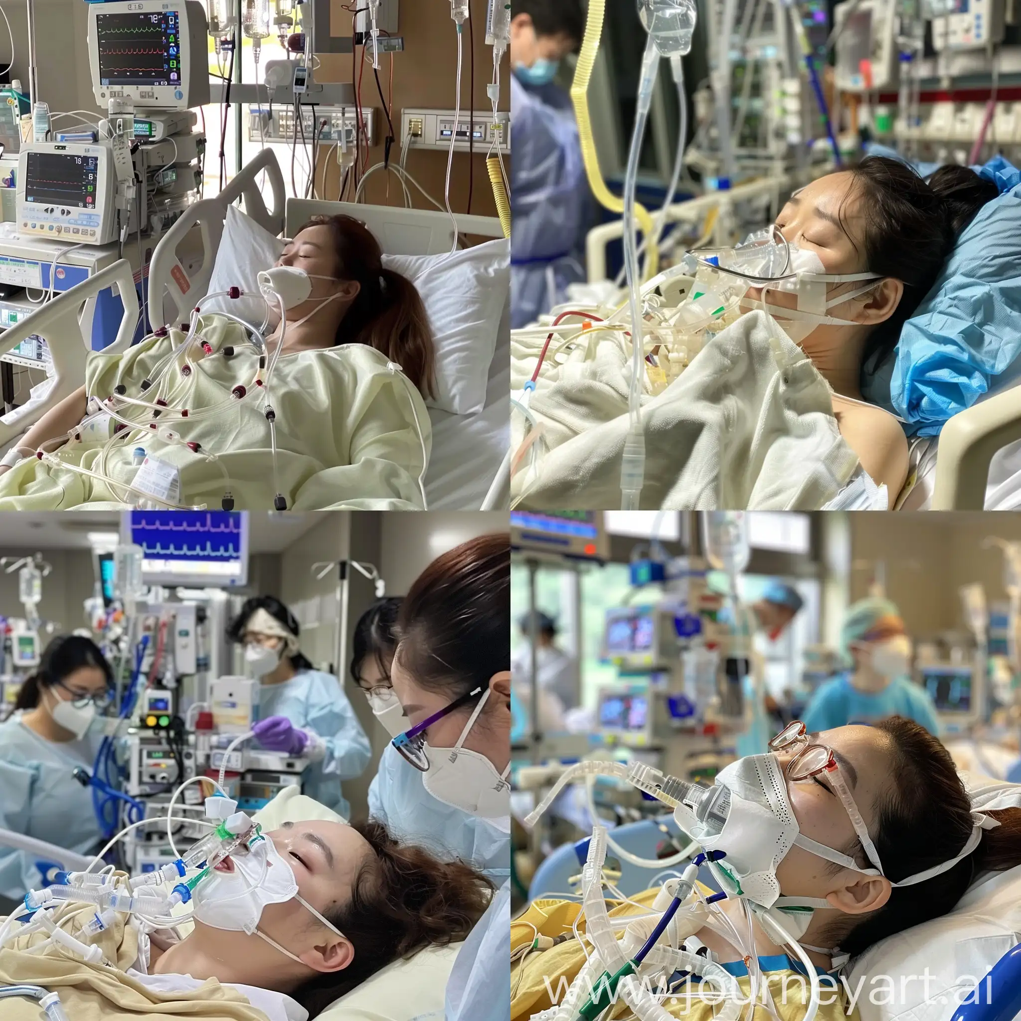 korean woman intubated in ICU, receiving CPR, critical condition