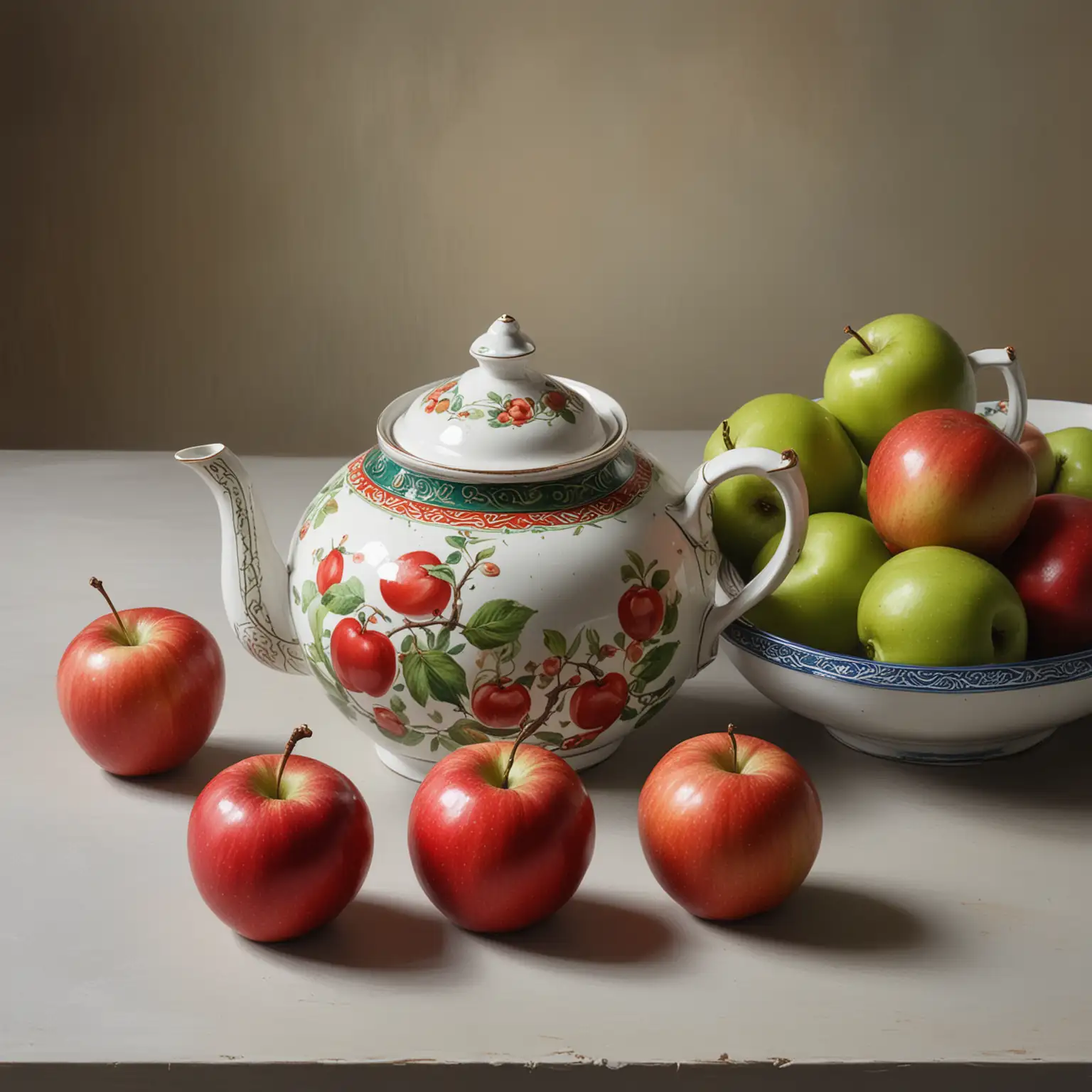 A STILL LIFE PAINTING OF A china teapot with red and green apples on the table