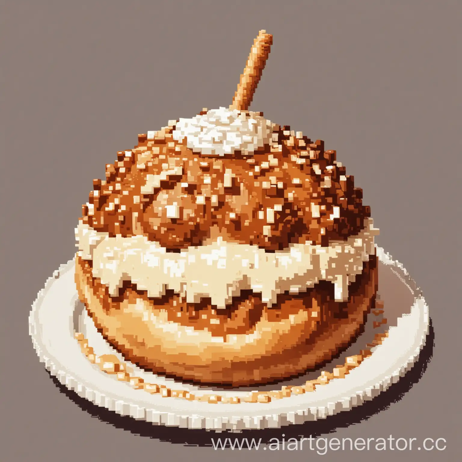 bun with cream on a plate, side view, pixel art