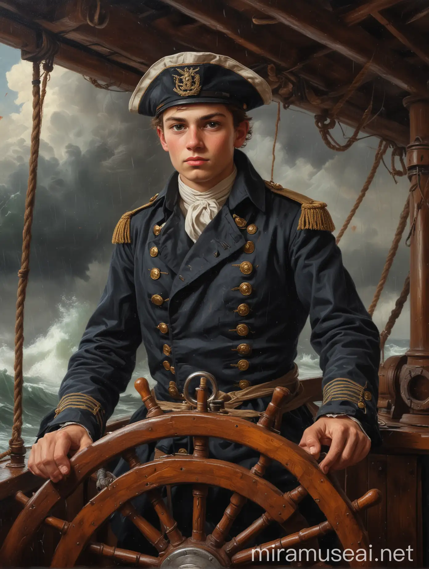 Oil Painting of a XVIII century young captain on a wooden ship behind steering wheel during the storm