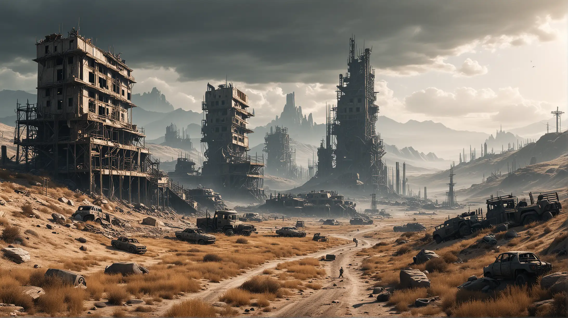 PostApocalyptic Landscape with Futuristic Architecture and Rolling Hills