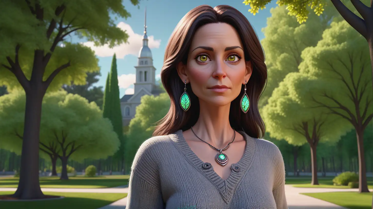 Highly detailed, fantastical style animation with vibrant colors and dramatic, soft lighting, of a 45-year-old woman named Sarah. She has an average build, is 5'6" tall, with dark brown, shoulder-length, straight hair, hazel brown eyes, an oval-shaped face and a light complexion. She is wearing casual, comfortable attire including a light grey sweater and jeans, small earrings and a pendant necklace. standing in a serene park with a thoughtful expression. The background features lush green trees and a clear sky.