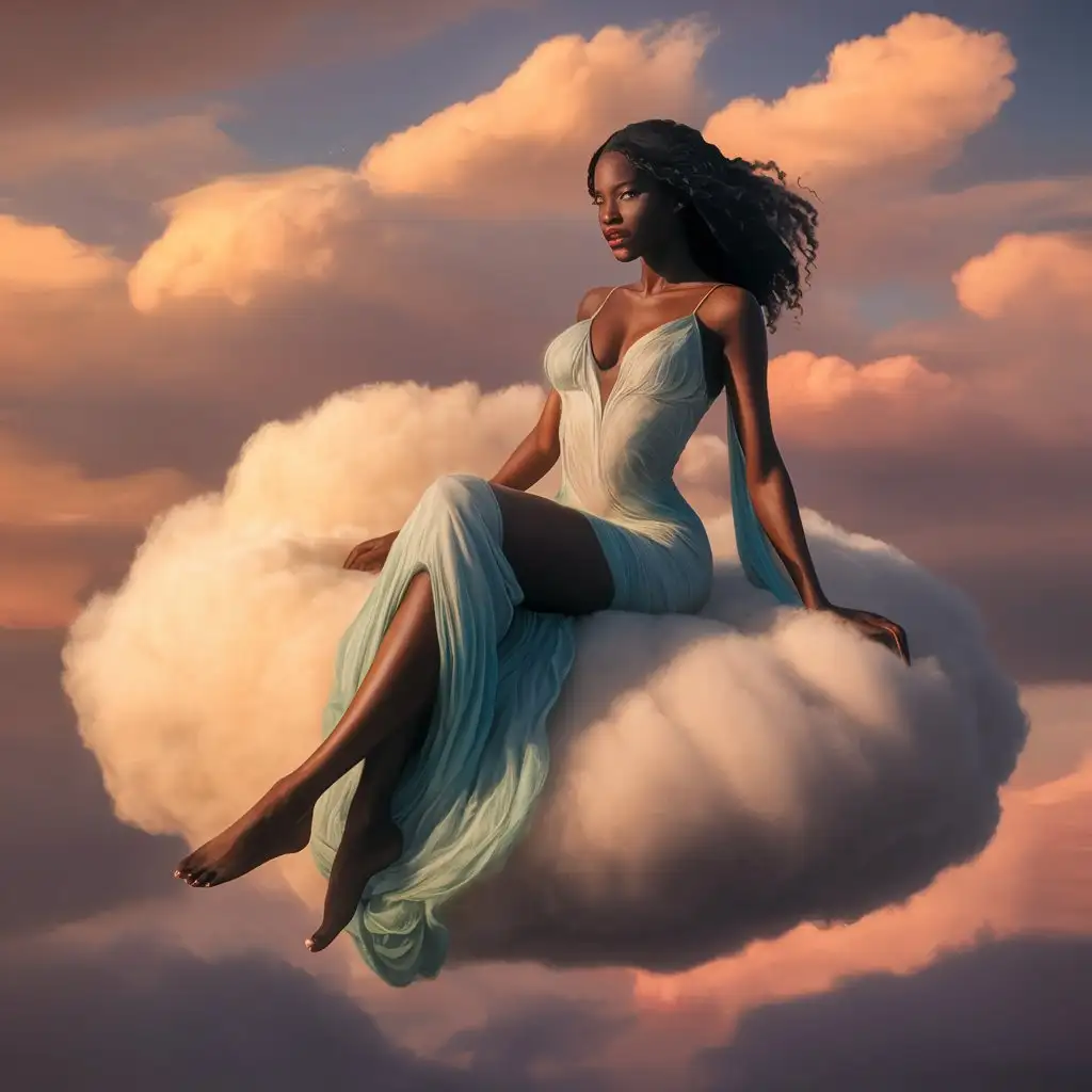 a black woman sitting on a cloud