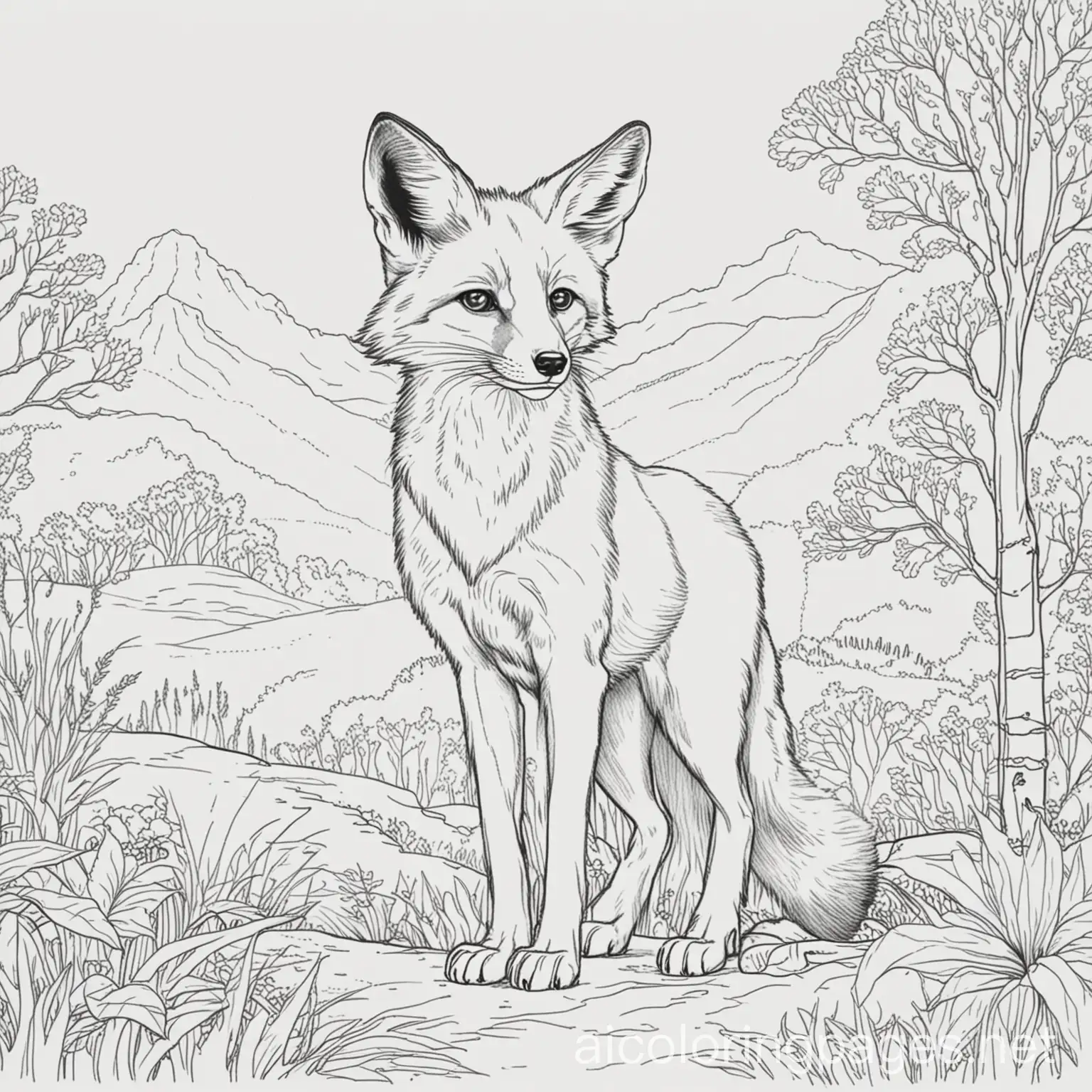 fox  picture in savana  playing
 for coloring book children 5 and above, Coloring Page, black and white, line art, white background, Simplicity, Ample White Space. The background of the coloring page is plain white to make it easy for young children to color within the lines. The outlines of all the subjects are easy to distinguish, making it simple for kids to color without too much difficulty