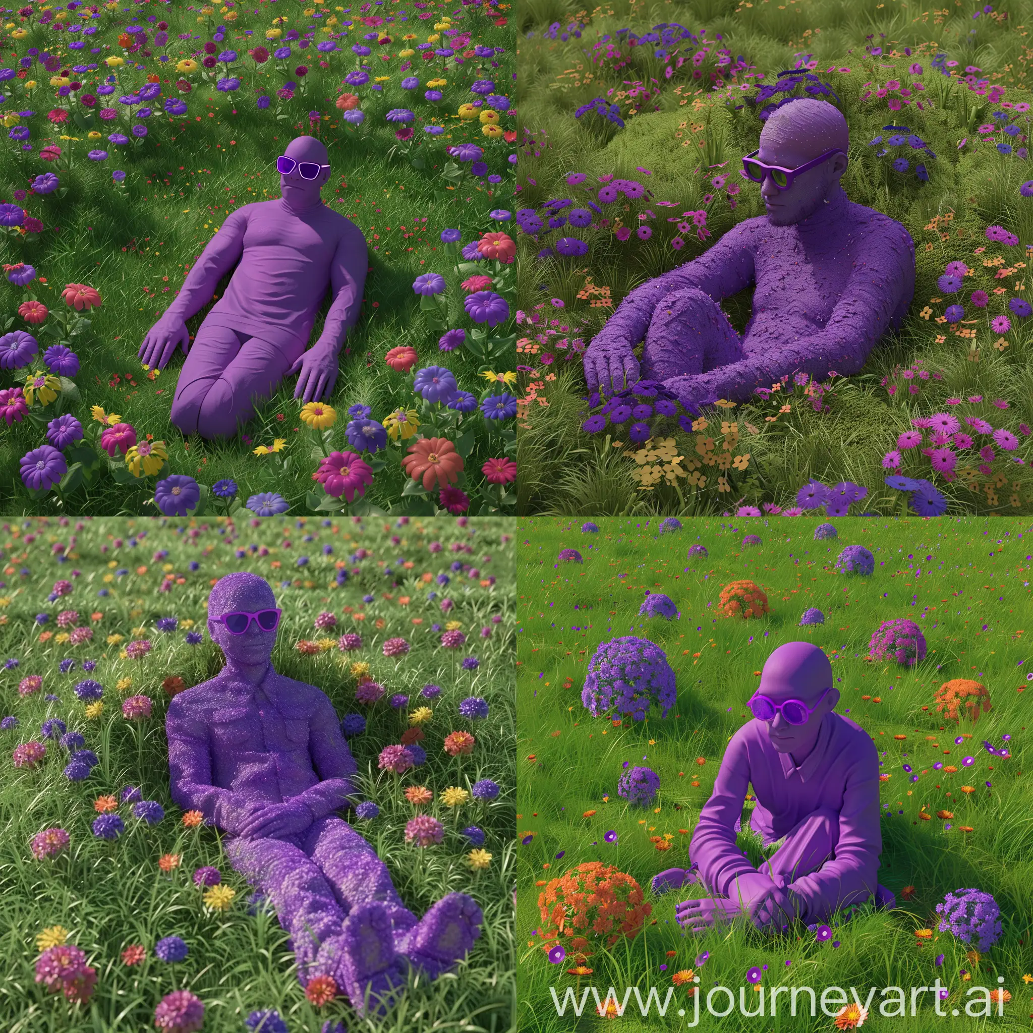 Нарисуй картинку, где изображён человек фиолетово-сиреневого цвета в фиолетовых очках, который сидит в поле. Вокруг человека трава зелёного цвета а также разноцветные цветы. У человека серьезное лицо. Человек естественной формы. Картинка в 3D Человек лежит на траве. Руки сложил под головой. Видно всего человека