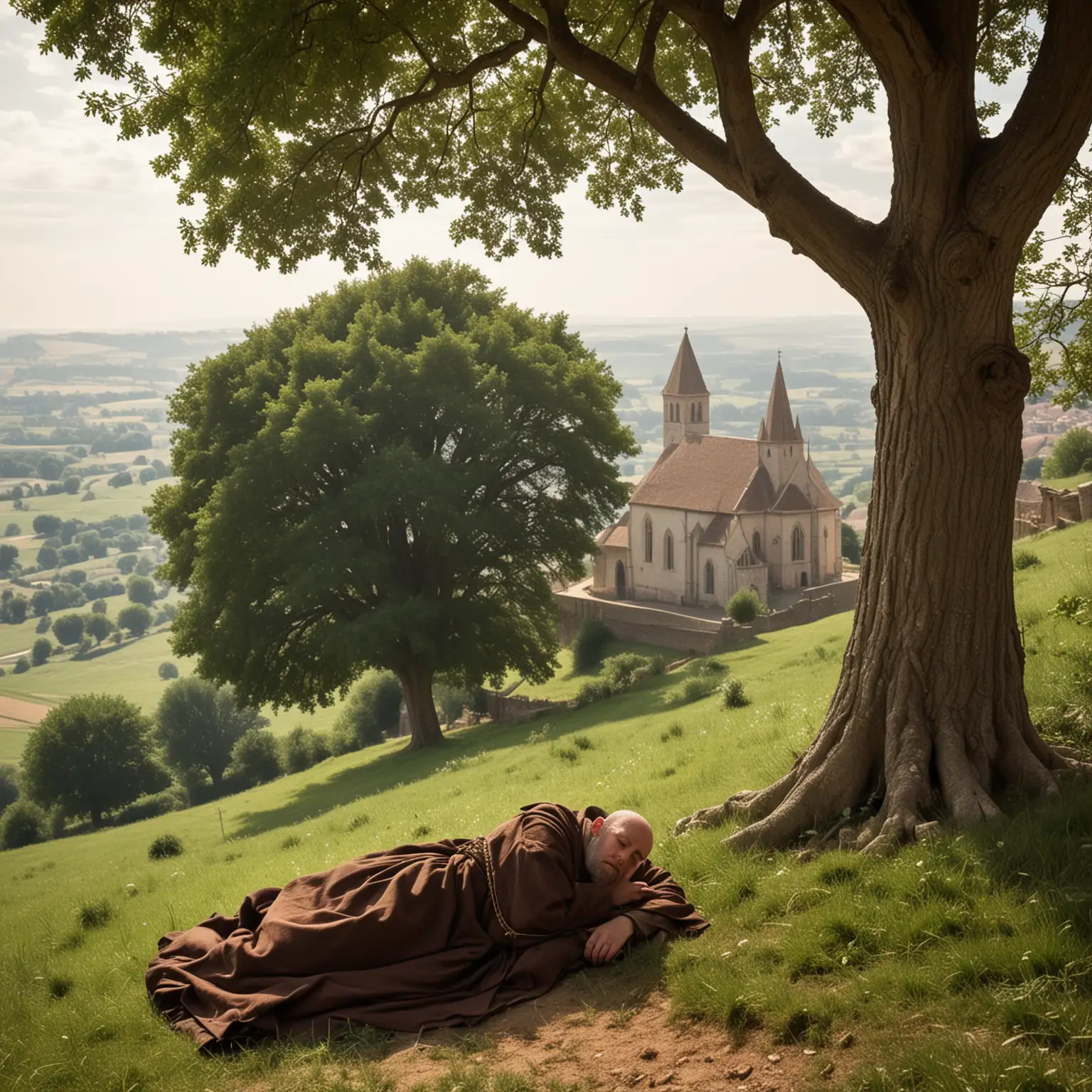 Medieval Friar Monk Sleeping Under Tree with Church in Distance