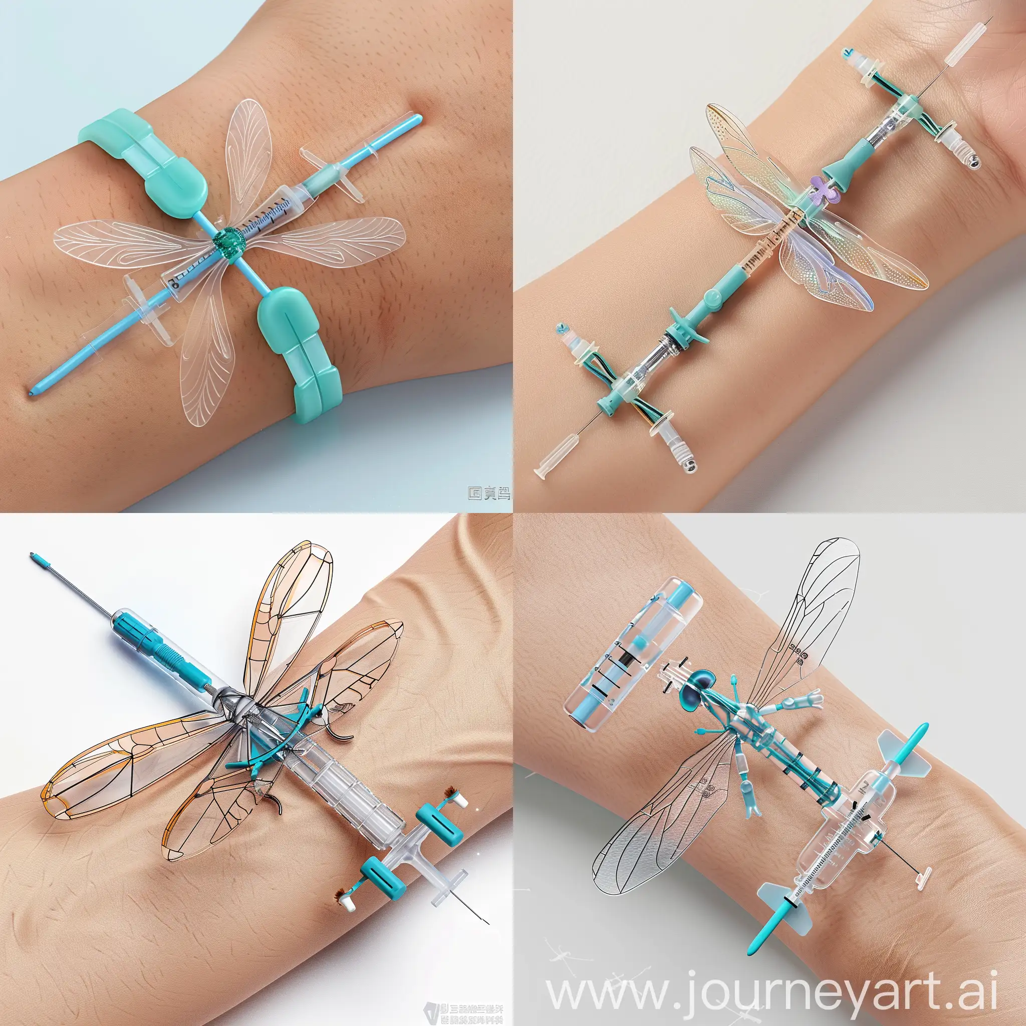 Interesting infusion fixator, bionic dragonfly shape, the dragonfly wing elements extracted, designed into two slender strap shape, can fix the infusion tube on the wrist, at the same time can change the length of the strap according to the size of the child's wrist, to solve the problem of children moving the needle out of the infusion, but also solve the ordinary tape is easy to fall off after sweating. The problem of itchy skin element extraction, not too specific product design Hand-drawn, sketch schemes, product design, white background, cute and simple, reusable, element extraction, not too specific, a little abstract