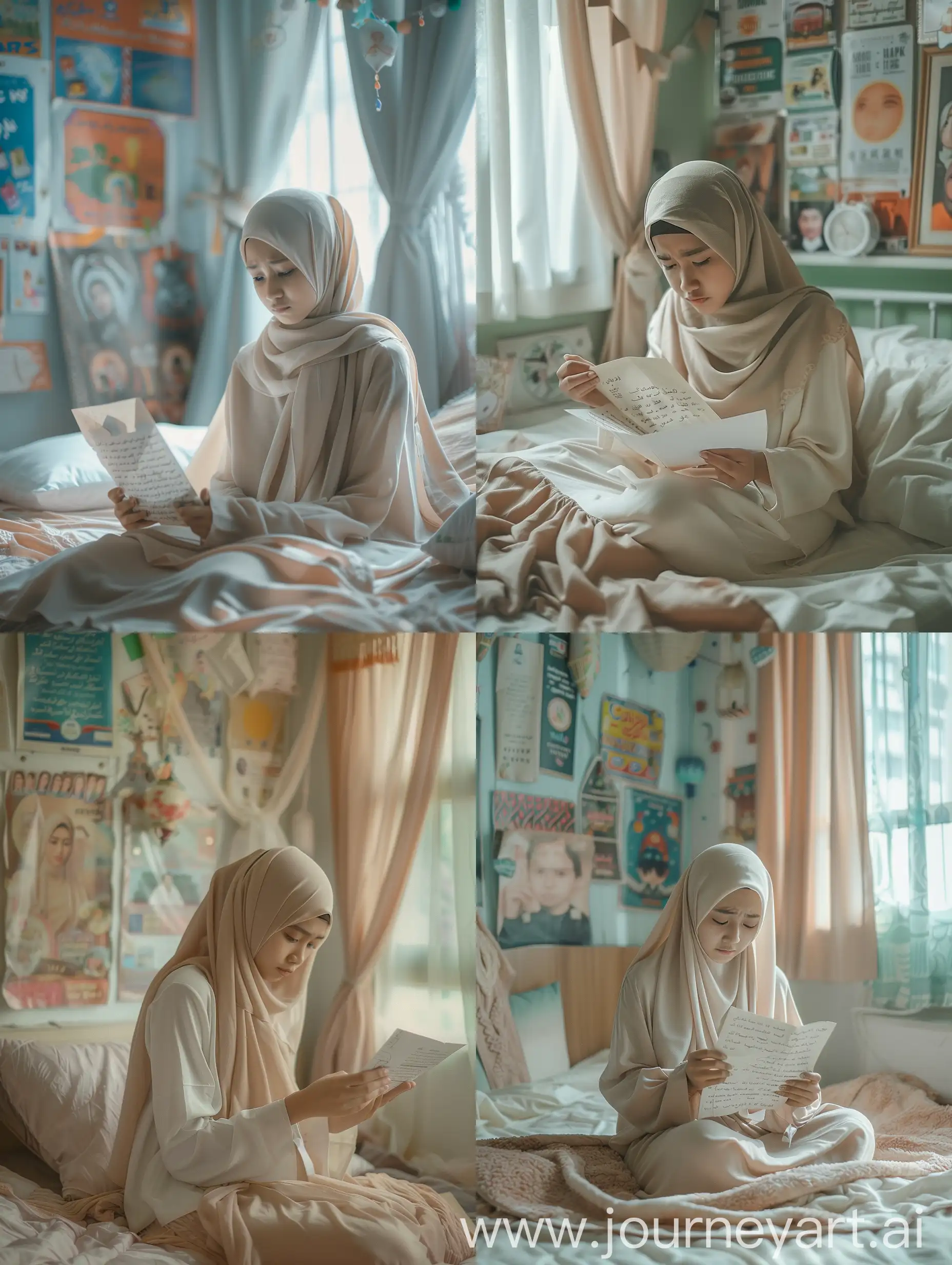 Beautiful Asian Muslim hijab girl sitting on the bed, she is sad, reading a letter in her hand, nostalgic room with posters and decorations, soft color tones, soft natural light through thin curtains,detail.real photo.