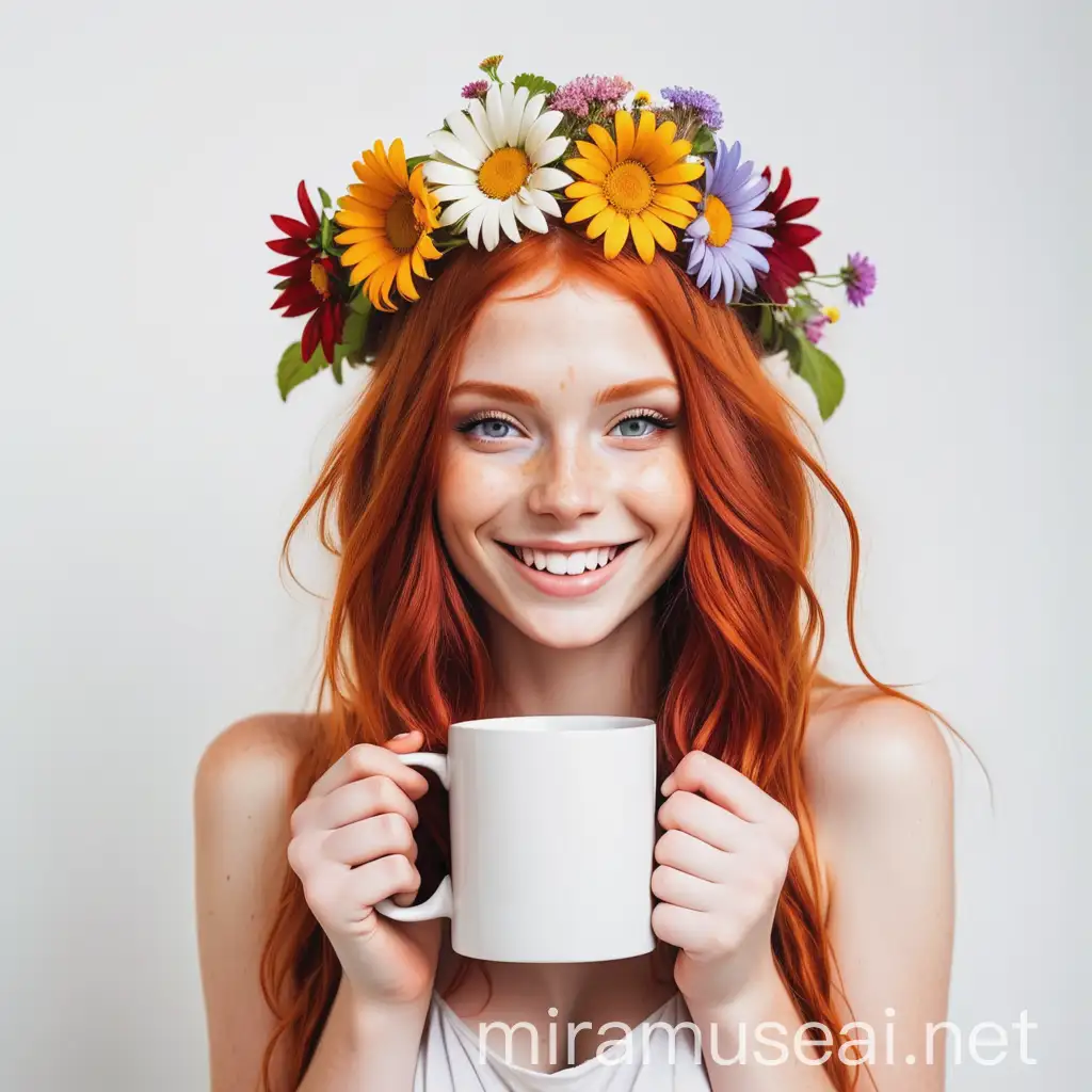 Smiling Redhead Hippie Girl with Flowers Holding White Mug
