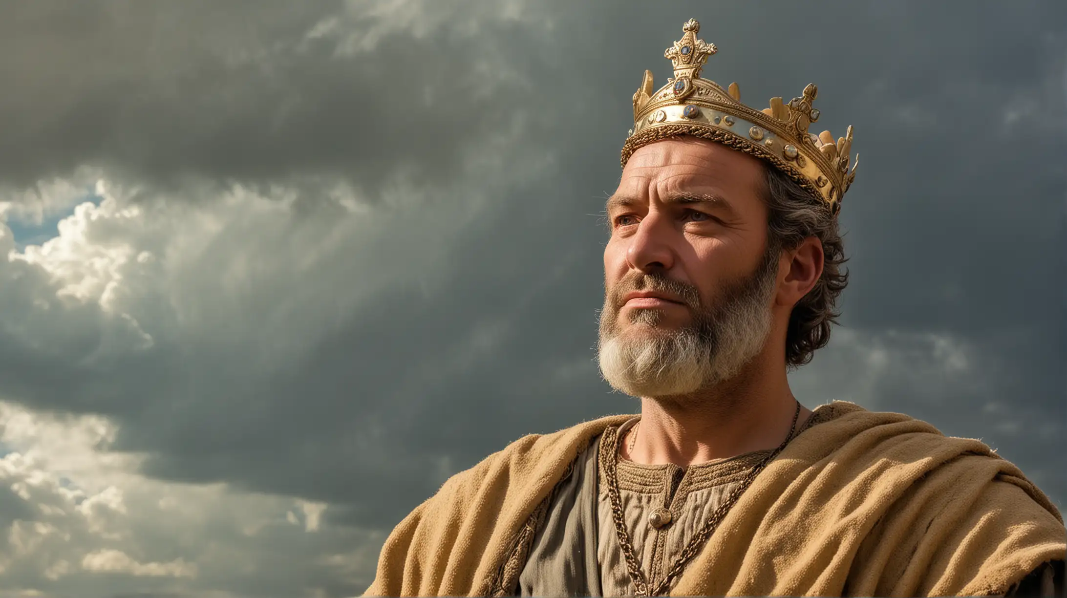 a Tall handsome 40 year old king Saul with a crown, beside an old man of average height in front on a crowd, in town, with a magnificent sky in the background Set during the Biblical era of King David.