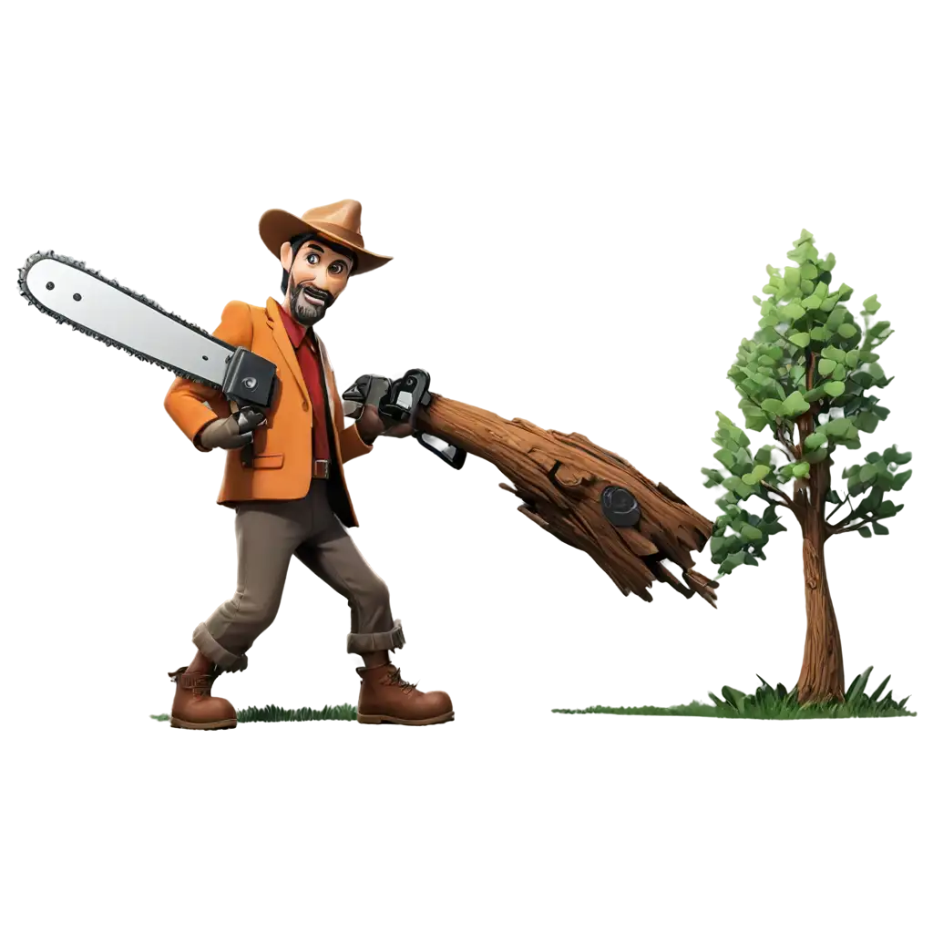 Pria jahat memegang chainsaw untuk menebang pohon gambar kartun