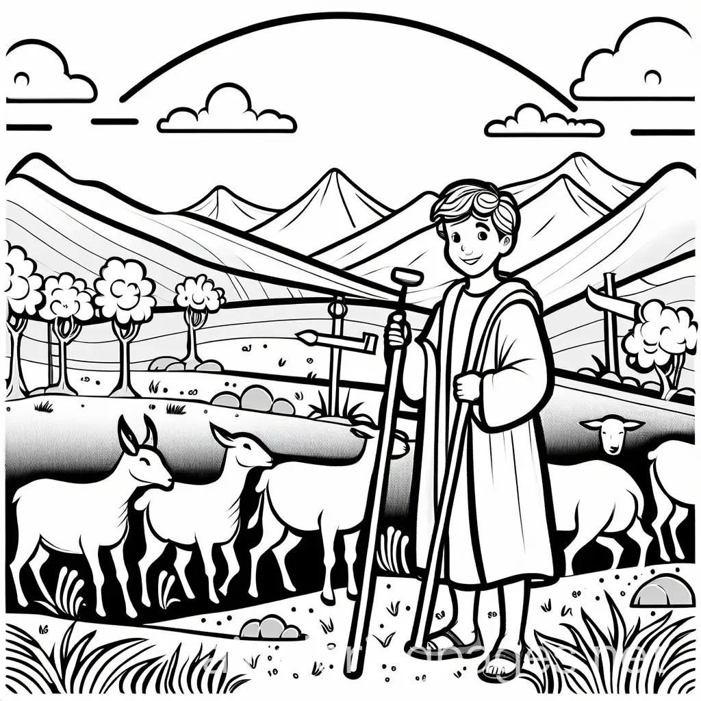 Young boy wearing sandals and stripped long line coat, holding a shepherd staff, tent in background, sheep, lamb, goat, colouring page, black and white, line art, white background, simplicity., Coloring Page, black and white, line art, white background, Simplicity, Ample White Space. The background of the coloring page is plain white to make it easy for young children to color within the lines. The outlines of all the subjects are easy to distinguish, making it simple for kids to color without too much difficulty
