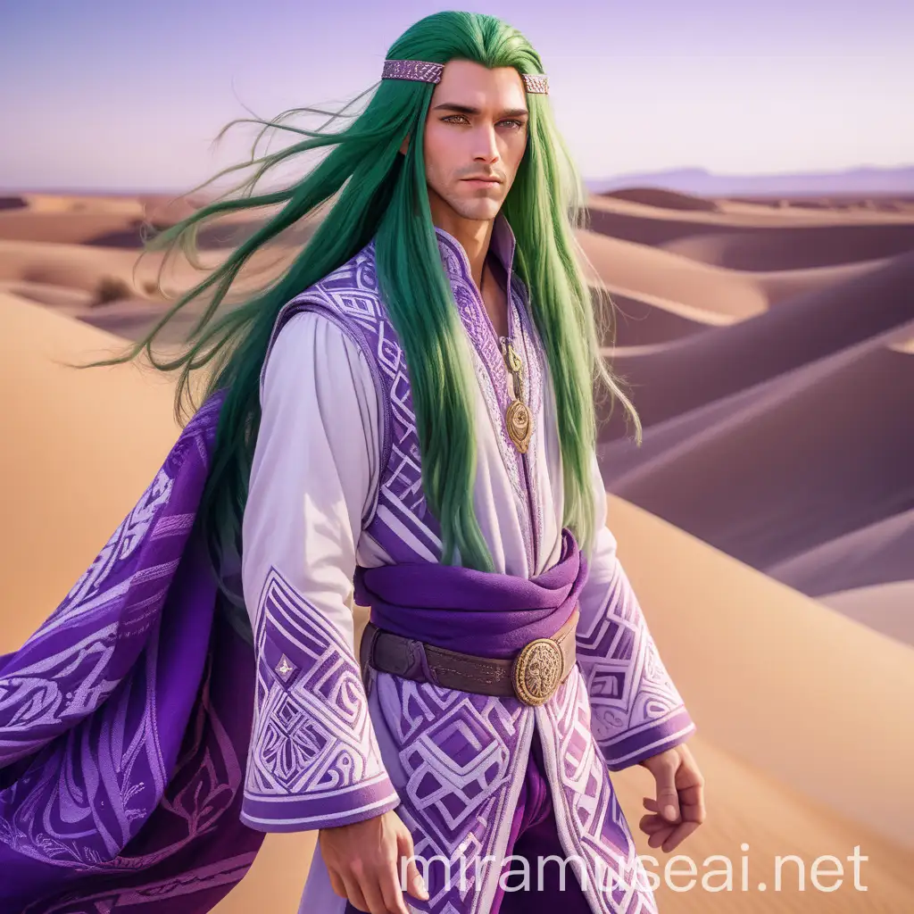 a handsome european man with green eyes, green long hair and in purple and white desert clothes with intricrate patterns, full body outfit