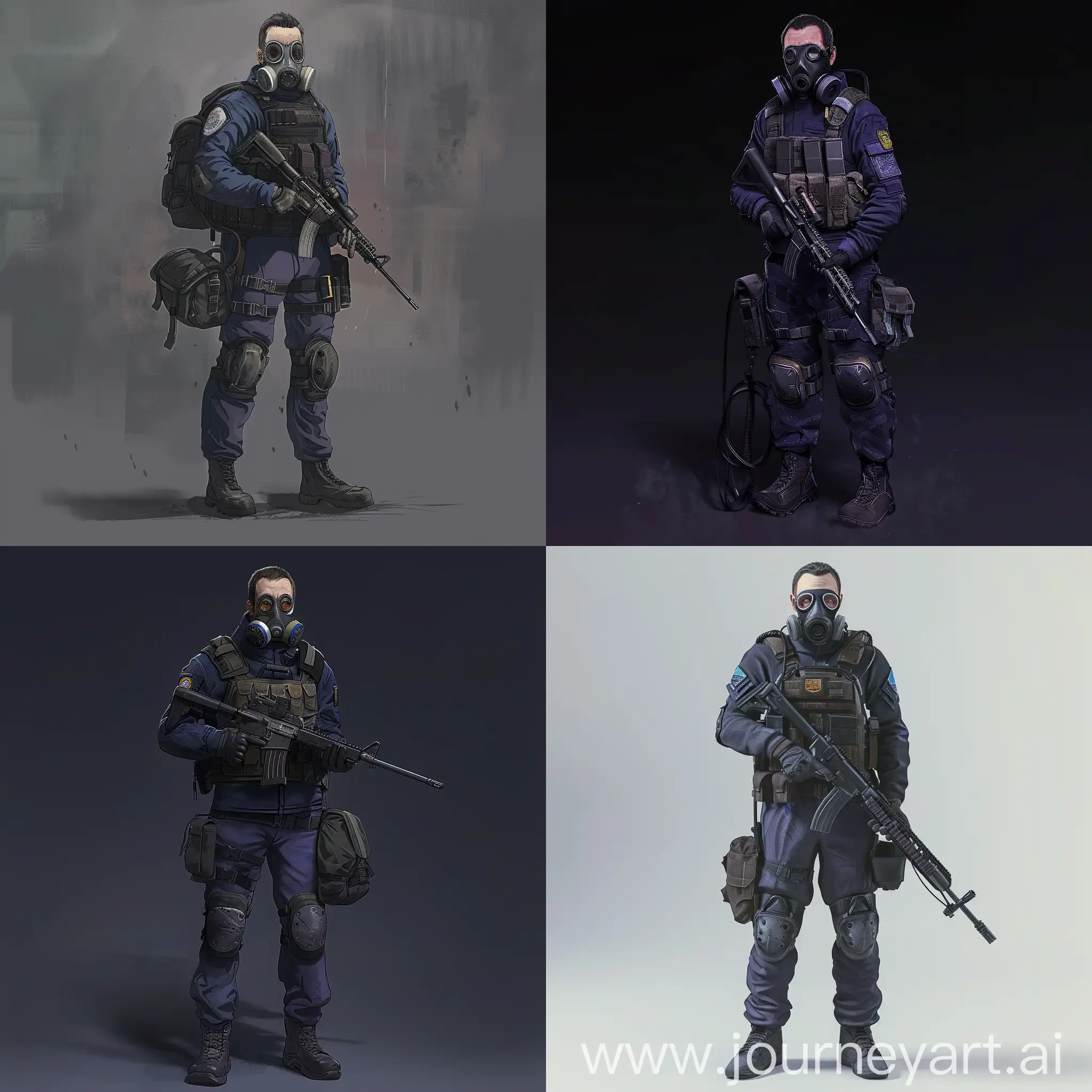 Mercenary, STALKER game, dark purple military jumpsuit, gasmask on his face, small military backpack, military unloading on his body, sniper rifle in his hands.