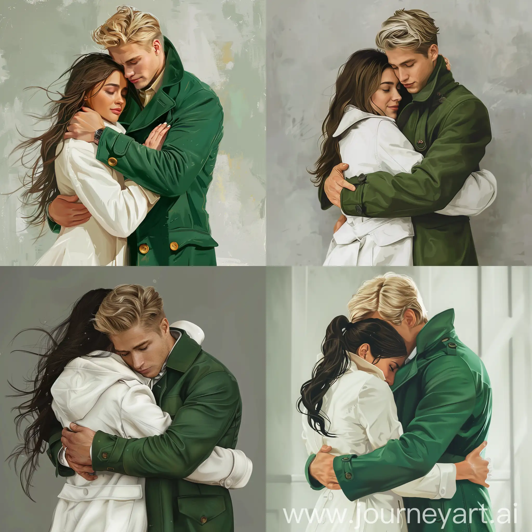 Парень блондин в зелёном пальто обнимает девушку брюнетку в белом халате, реалистично, 4k