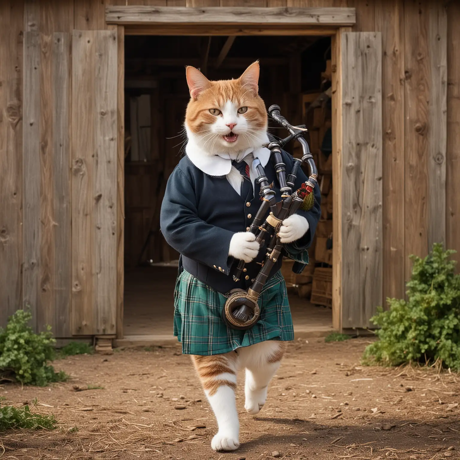 Smiling Cat Playing Bagpipes Outside Barn