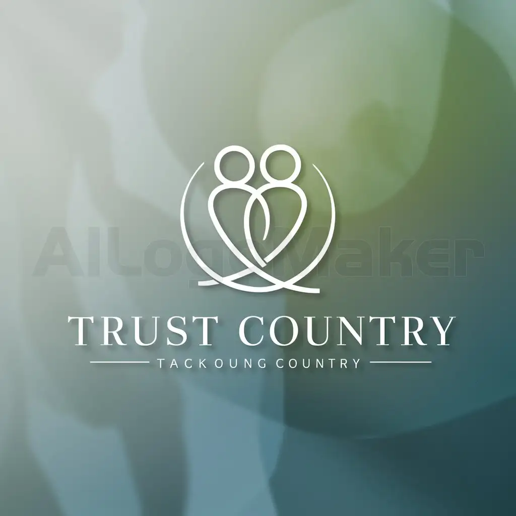 a logo design,with the text "trust country", main symbol:This design presents two stylized figures intertwined in an embrace, forming a circle that symbolizes mutual trust. The shades of blue and green convey tranquility and confidence, while the elegant but legible typography reinforces the brand's professionalism,Minimalistic,clear background