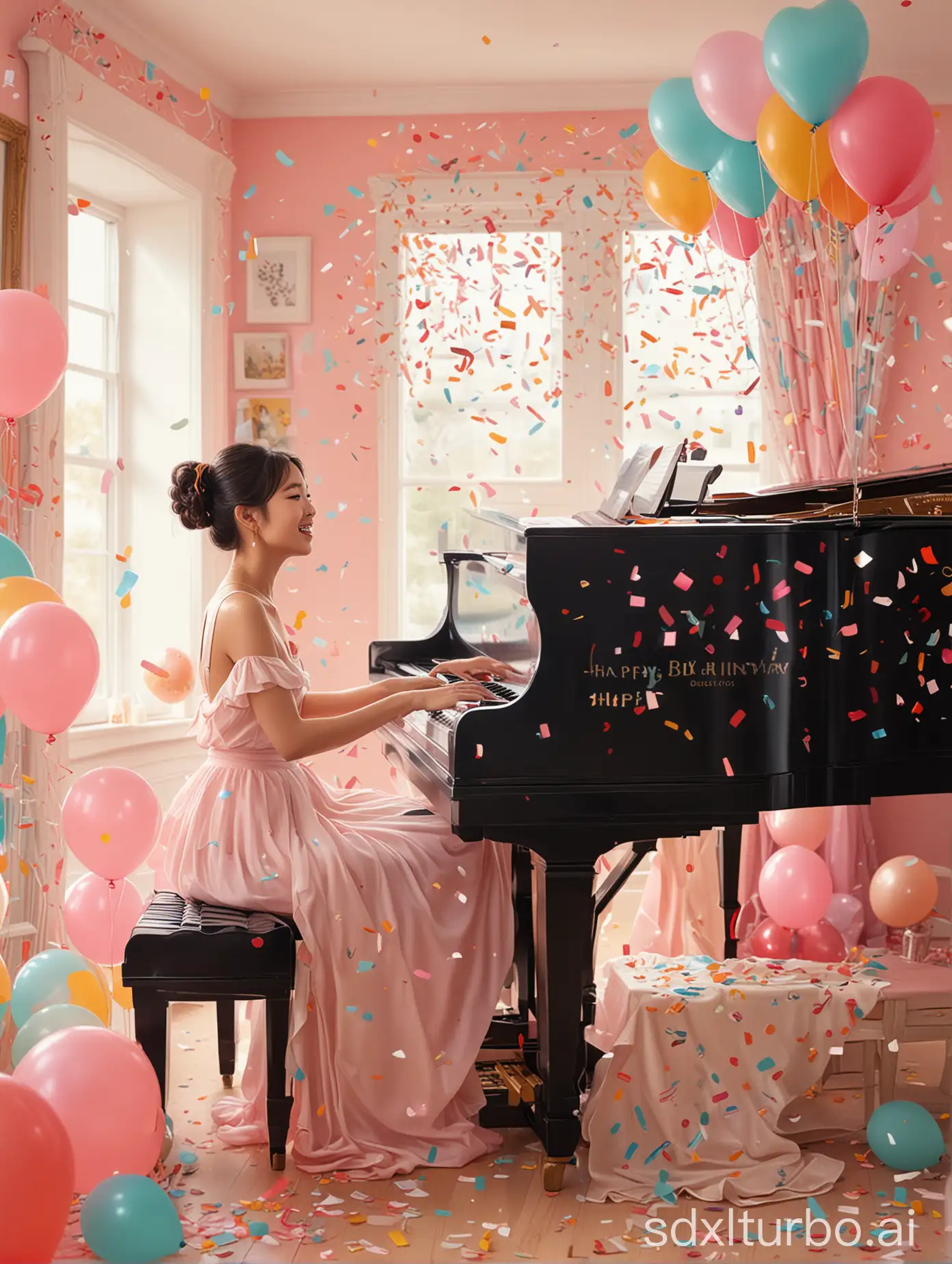 A delightful illustration of an Asian woman seated at a piano covered in vibrant heart-formed balloons and streamers, celebrating a birthday. With a joyful expression, she plays with two arms a lively and cheerful tune that fills the room. A birthday cake adorned with lit candles sits atop the piano, casting a warm glow over her smiling face. The atmosphere is further enhanced by musical notes that dance around her, and confetti gently descending from the sky. The soft pastel background adds to the celebratory and festive ambiance of this whimsical scene, write in white "Happy Birthday, my Dear Tiffany!", illustration