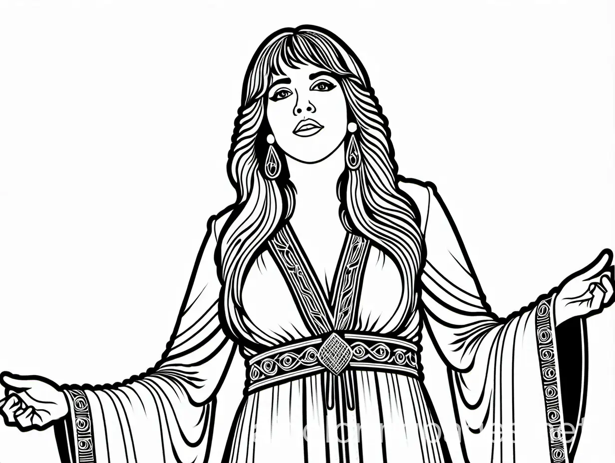 Stevie Nicks In Concert , Coloring Page, black and white, line art, white background, Simplicity, Ample White Space. The background of the coloring page is plain white to make it easy for young children to color within the lines. The outlines of all the subjects are easy to distinguish, making it simple for kids to color without too much difficulty
