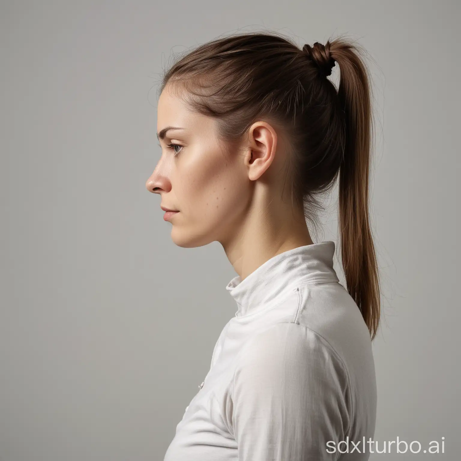 A flat-lit side view of a person with poor neck posture, in which the shoulders are hunched back and the head is tilted forward, isolated against white, 8K