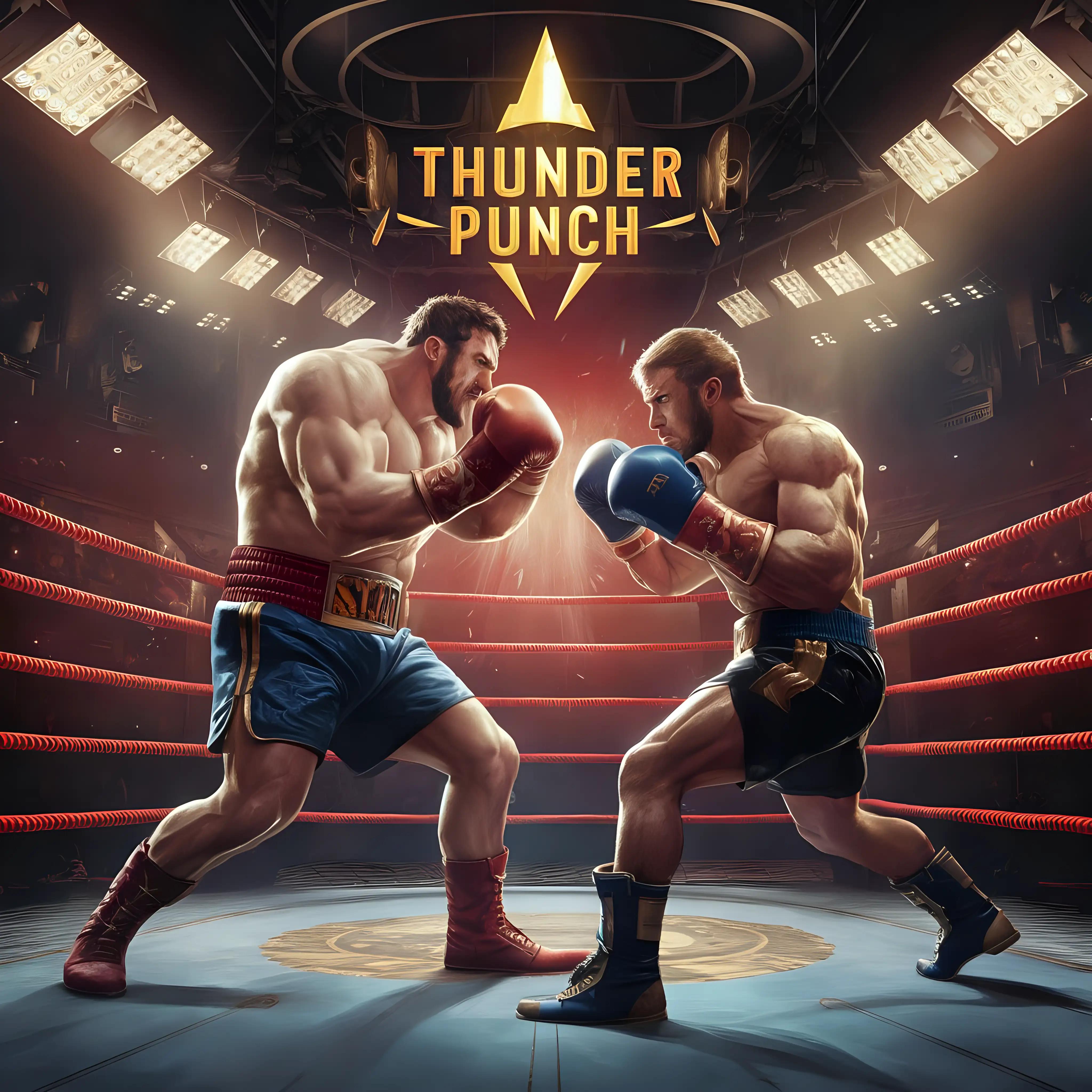 L'entête du livret de règles de "Thunder Punch" présente une illustration dynamique qui capture l'essence même de l'action et de l'excitation du jeu. Au centre de l'image, un ring de boxe imposant occupe une place prépondérante, ses cordes tendues et ses coins éclairés par les projecteurs.

Sur le ring, deux boxeurs se font face, prêts à en découdre dans un combat épique. Le premier boxeur incarne la force brute et la puissance du style Puncheur (Slugger), ses muscles tendus et son regard déterminé témoignant de sa détermination à remporter la victoire.

En face de lui, son adversaire représente l'agilité et la stratégie du style Boxer (Technician). Sa posture est fluide et gracieuse, montrant sa confiance en ses compétences de défense et de contre-attaque.

Autour du ring, le public est représenté en ombres floues dans les gradins, leur agitation et leur excitation se manifestant par des silhouettes floues et des mouvements de bras. Les projecteurs illuminent le ring, ajoutant une touche de dynamisme et de réalisme à la scène.

Dans le coin supérieur droit de l'illustration, le logo de "Thunder Punch" brille en lettres audacieuses et éclatantes, captant l'attention du lecteur avec son style accrocheur.

Dans l'ensemble, l'illustration de l'entête du livret de règles de "Thunder Punch" donne un avant-goût de l'action palpitante qui attend les joueurs sur le ring, tout en capturant l'essence de l'univers de la boxe avec style et panache.