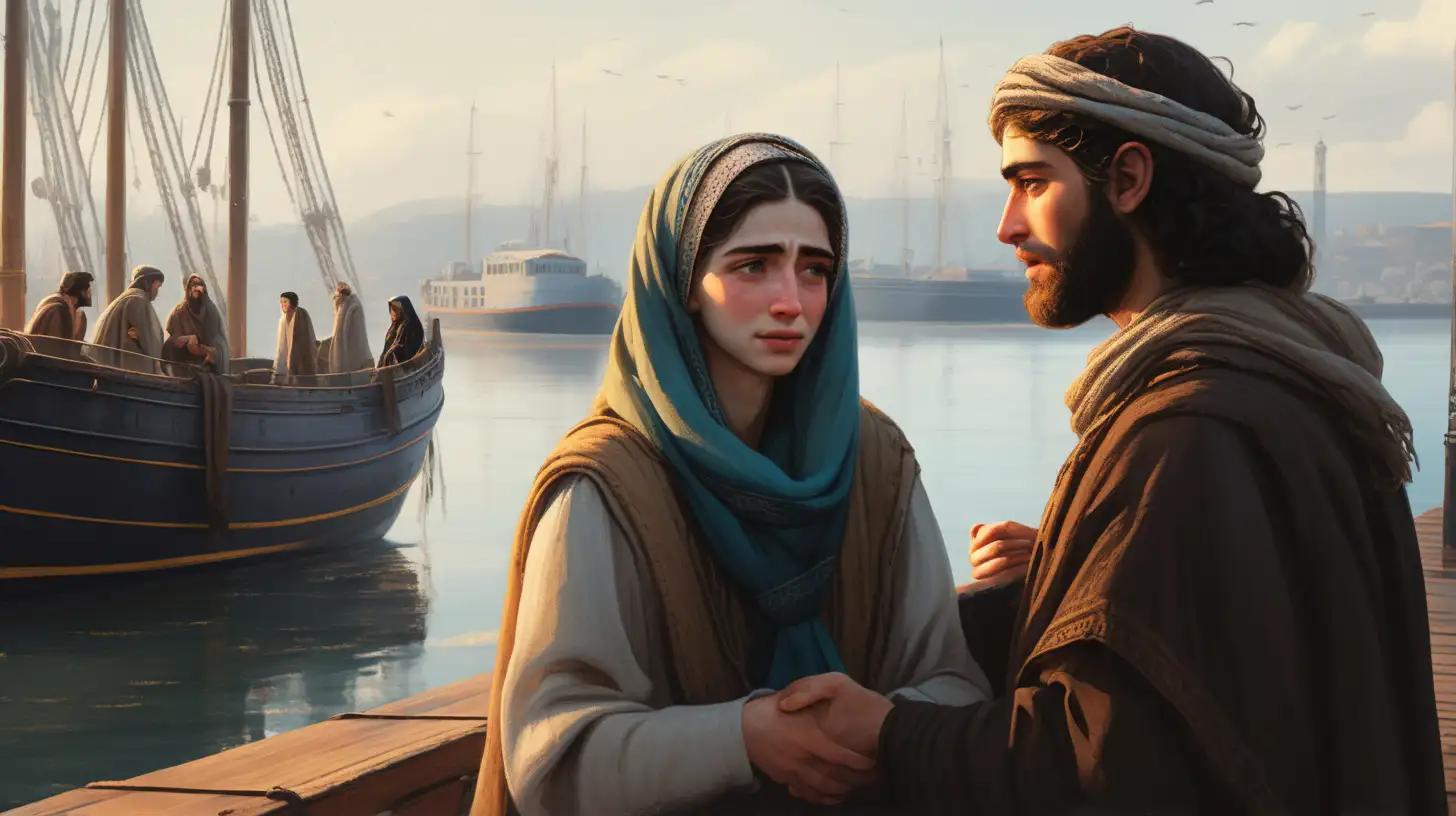 Young Jewish Couple Farewell on Dock with Boat in Biblical Era Scene